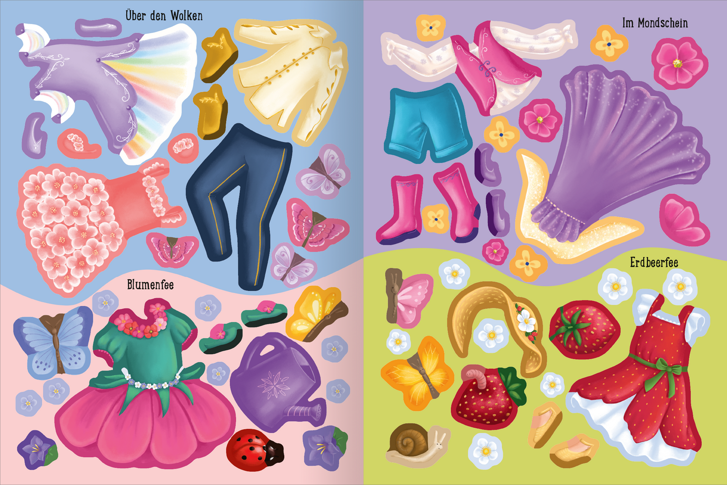 Gezeigt wird eine Innen- oder Zusatzansicht von „Erstes Stickern Anziehpuppen – Feen“. Die Illustration zeigt bunte Kleidungsstücke und Accessoires für Feen, darunter ein lila Kleid, eine pinke Bluse, Hosen und Gummistiefel auf einem hellblauen und grünen Hintergrund. Zusätzliche Elemente sind Schmetterlinge, Erdbeeren, Blumen und verschiedene Naturmotive, die in lebhaften Farben gestaltet sind. Die Typografie ist verspielt und kindgerecht, ideal für die Zielgruppe.