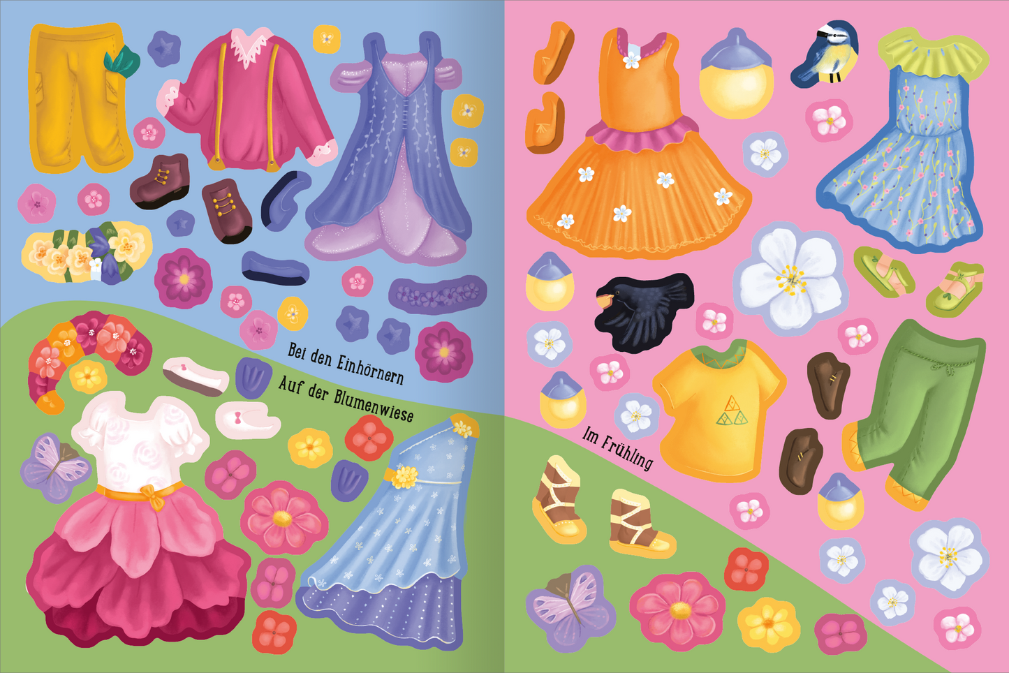 Gezeigt wird eine Innen- oder Zusatzansicht von „Erstes Stickern Anziehpuppen – Feen“. Die Illustration zeigt eine bunte Auswahl an Kleidungsstücken für Feen, darunter Kleider in verschiedenen Farben wie Pink, Lila und Orange. Zudem sind verschiedene Accessoires wie Schuhe, Blumen und Fahrzeuge abgebildet. Die sanften, pastellfarbenen Hintergründe in Grün und Blau verleihen dem Design einen fröhlichen, einladenden Charakter. Die verwendete Typografie ist spielerisch und kindgerecht,...