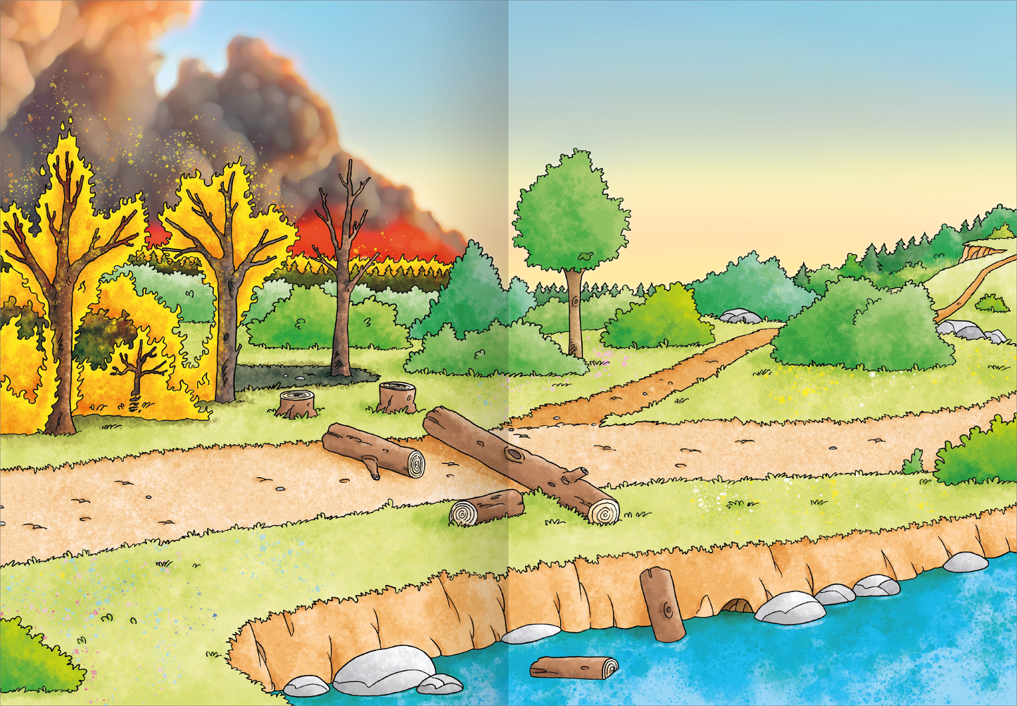 Gezeigt wird eine Innen- oder Zusatzansicht von „Erstes Stickern Metallic – Im Einsatz“. Die Szene zeigt eine farbenfrohe Landschaft mit einem Wald am linken Bildrand, dessen Bäume teils orange und gelb gefärbt sind. Im Hintergrund ist eine rauchige, rot-orangefarbene Wolke zu sehen, die auf einen Brand hinweist. Auf einem geschotterten Weg verlaufen einige Baumstämme, während rechts ein ruhiges Gewässer mit runden Steinen am Ufer erscheint. Die Gestaltung ist cartoonhaft mit klaren...