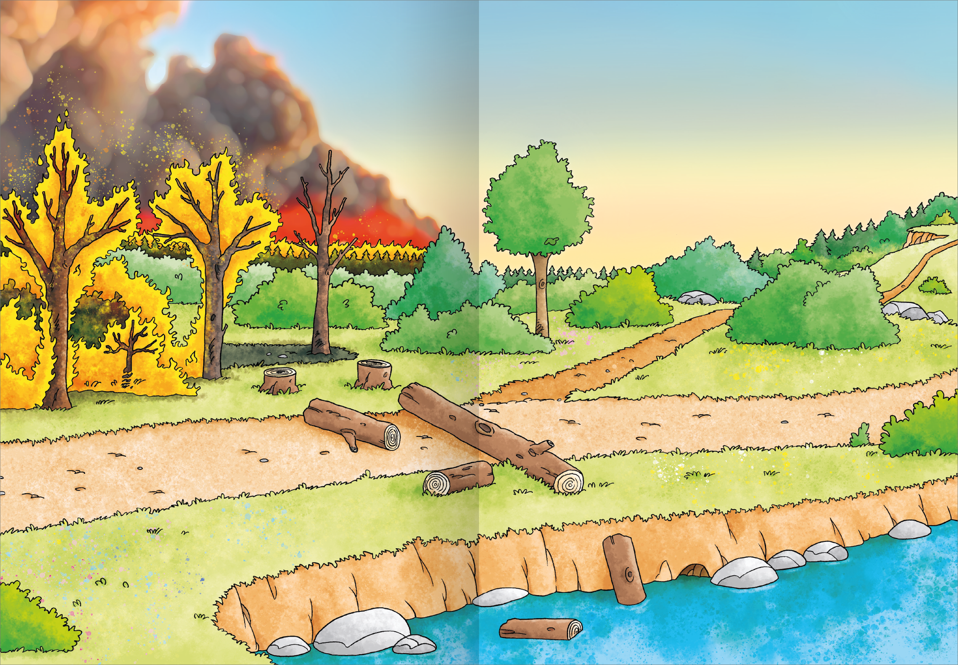 Gezeigt wird eine Innen- oder Zusatzansicht von „Erstes Stickern Metallic – Im Einsatz“. Die Szene zeigt eine farbenfrohe Landschaft mit einem Wald am linken Bildrand, dessen Bäume teils orange und gelb gefärbt sind. Im Hintergrund ist eine rauchige, rot-orangefarbene Wolke zu sehen, die auf einen Brand hinweist. Auf einem geschotterten Weg verlaufen einige Baumstämme, während rechts ein ruhiges Gewässer mit runden Steinen am Ufer erscheint. Die Gestaltung ist cartoonhaft mit klaren...