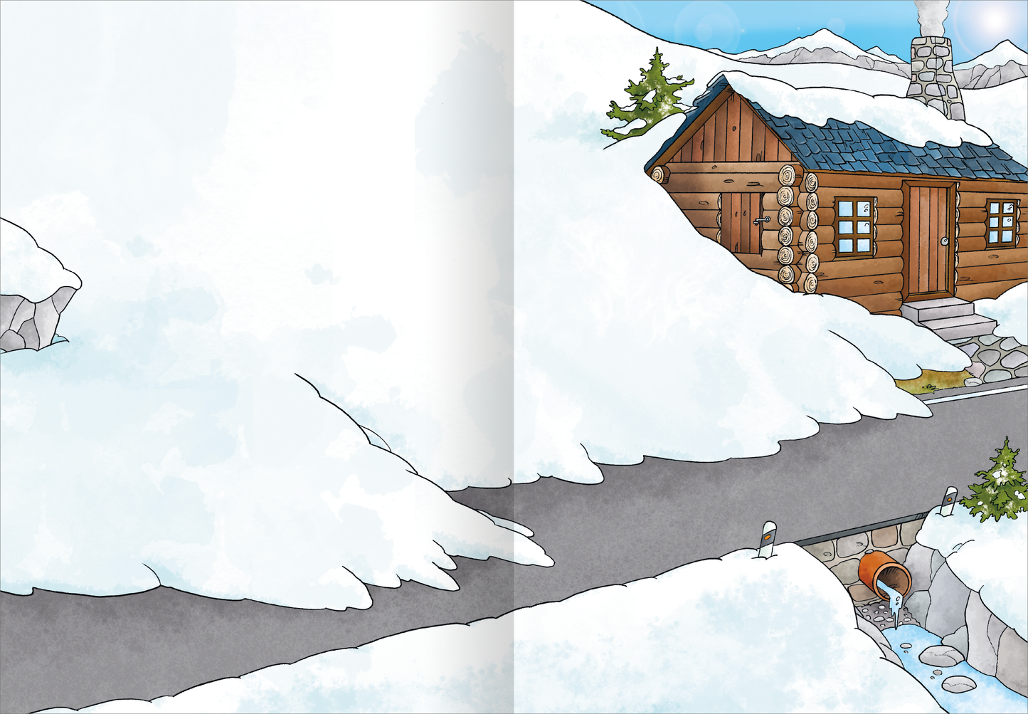 Gezeigt wird eine Innen- oder Zusatzansicht von „Erstes Stickern Metallic – Im Einsatz“. Die Illustration zeigt eine verschneite Landschaft mit einer Holzhütte, die rechts am Bildrand steht. Die Hütte hat ein dunkles Dach und eine Holzverkleidung. Links ist der Weg teilweise durch hohen Schnee verdeckt. Ein kleiner Bach fließt unter der Straße hindurch, umgeben von schneebedecktem Grün. Der Himmel ist blau mit wenigen Wolken, was eine freundliche Atmosphäre schafft. Die Farben sind...