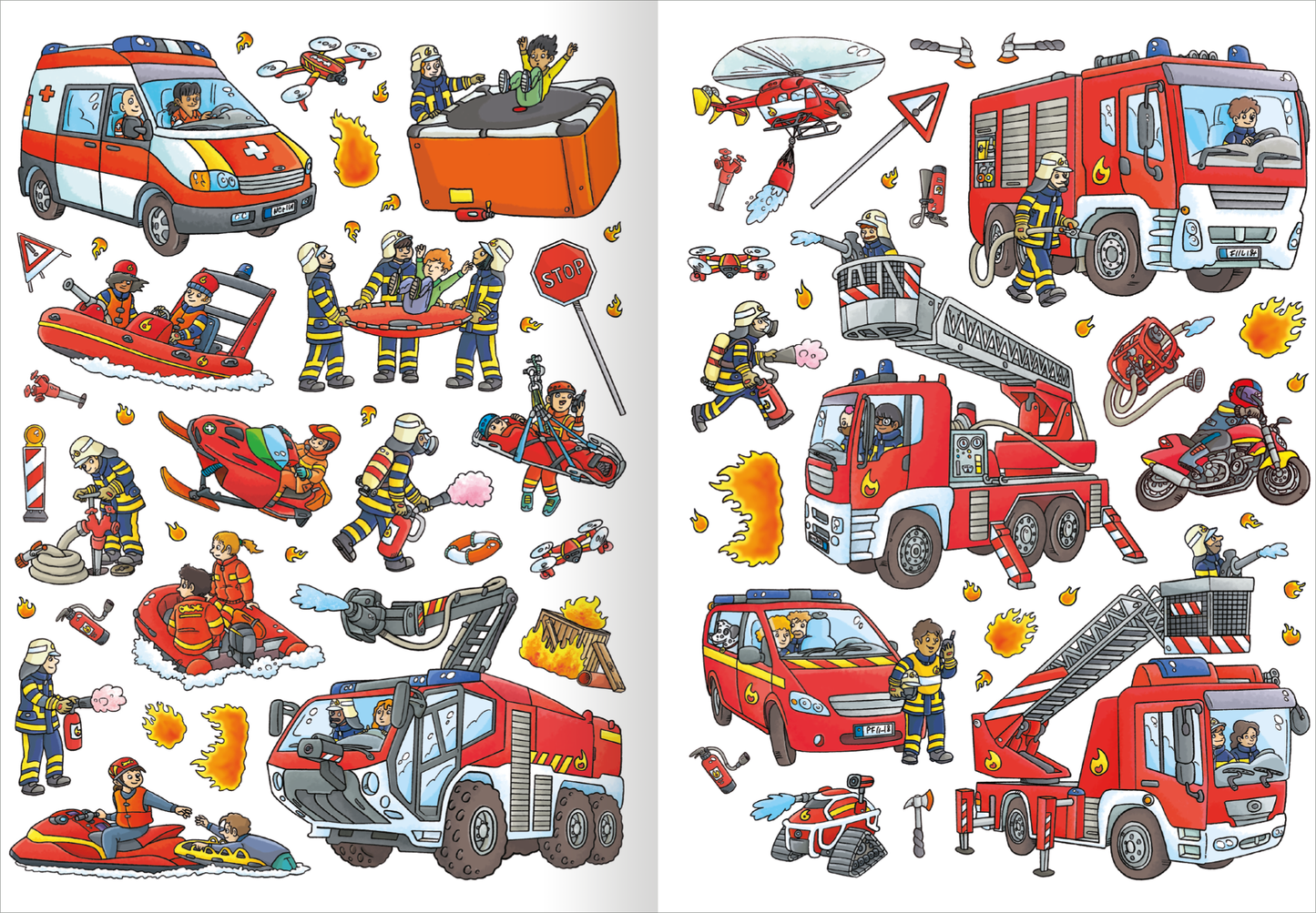 Gezeigt wird eine Innen- oder Zusatzansicht von „Erstes Stickern Metallic – Im Einsatz“. Die Seite zeigt eine lebendige Illustration mit verschiedenen Einsatzfahrzeugen und -szenen. Dominierende Farben sind Rot, Blau und Gelb, die die Fahrzeuge und Aktionen hervorheben. Feuerwehrleute in gelben und schwarzen Uniformen sind aktiv dargestellt, darunter Feuerwehrwagen, Rettungsboote und ein Hubschrauber. Die Typografie ist ansprechend und kindgerecht, unterstützt durch klar erkennbare...