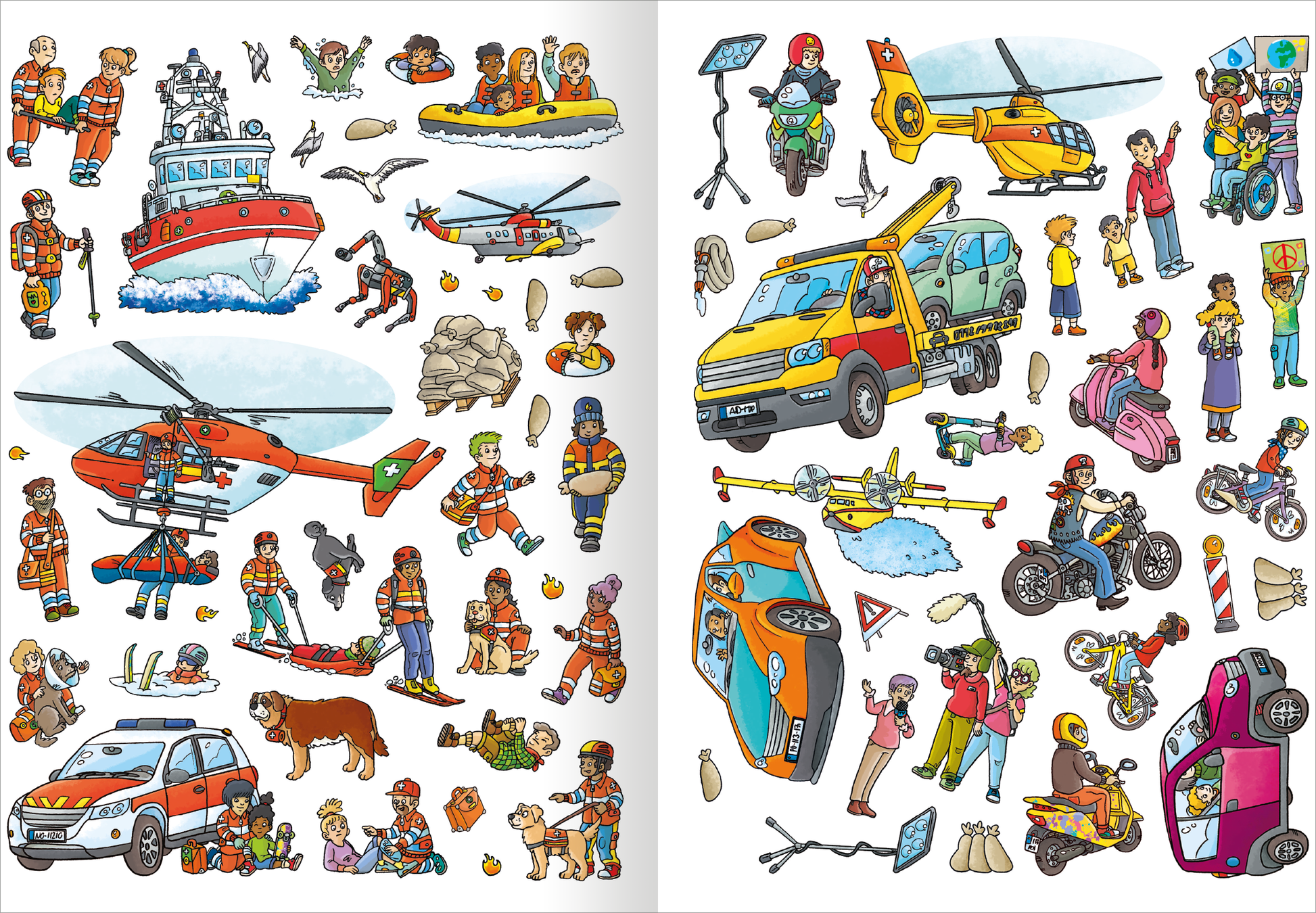 Gezeigt wird eine Innen- oder Zusatzansicht von „Erstes Stickern Metallic – Im Einsatz“. Die Illustration zeigt lebendige Szenen mit Einsatzfahrzeugen wie einem Hubschrauber, einem Rettungsboot und verschiedenen Fahrzeugen. Viele Menschen in Einsatzkleidung, darunter Feuerwehrleute und Polizisten, sind in verschiedenen Aktivitäten dargestellt. Die Farben sind kräftig und ansprechend, mit einem klaren, freundlichen Stil. Die Typografie ist auffällig, jedoch minimal gehalten.