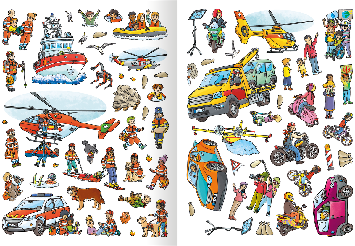 Gezeigt wird eine Innen- oder Zusatzansicht von „Erstes Stickern Metallic – Im Einsatz“. Die Illustration zeigt lebendige Szenen mit Einsatzfahrzeugen wie einem Hubschrauber, einem Rettungsboot und verschiedenen Fahrzeugen. Viele Menschen in Einsatzkleidung, darunter Feuerwehrleute und Polizisten, sind in verschiedenen Aktivitäten dargestellt. Die Farben sind kräftig und ansprechend, mit einem klaren, freundlichen Stil. Die Typografie ist auffällig, jedoch minimal gehalten.