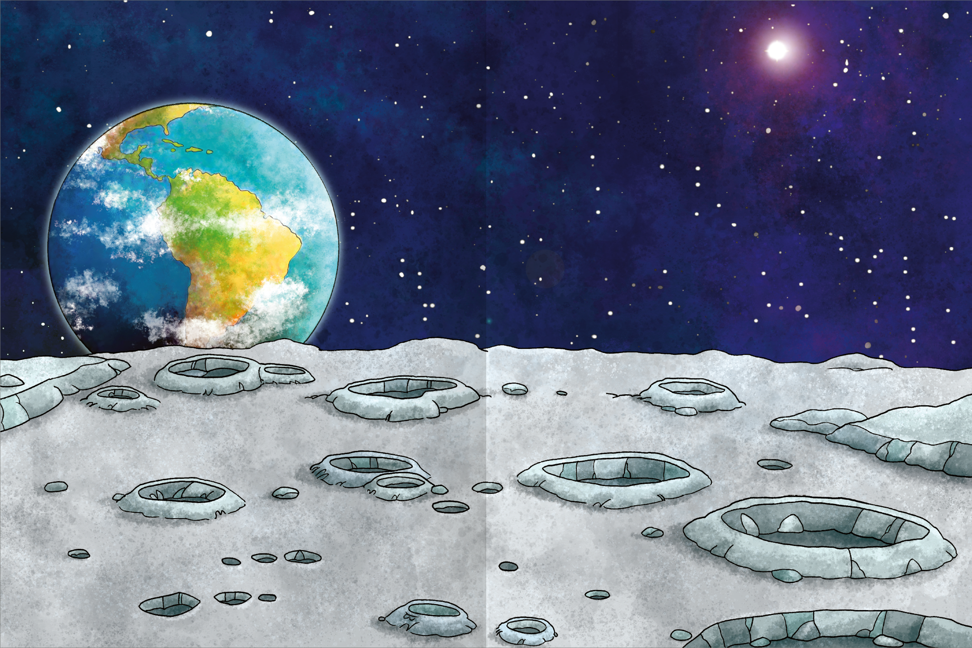 Gezeigt wird eine Innen- oder Zusatzansicht von „Erstes Stickern Metallic – Weltall“. Auf der Illustration ist der Mond mit verschiedenen Kratern zu sehen, während im Hintergrund die Erde leuchtet. Der Himmel ist in kräftigen Blautönen gehalten, durchzogen von funkelnden Sternen und einem strahlenden Punkt, der die Sonne darstellt. Die Farbtöne sind lebhaft und harmonisch und unterstützen das Thema des Weltraums. Die Typografie ist fantasievoll gestaltet und unterstreicht den...