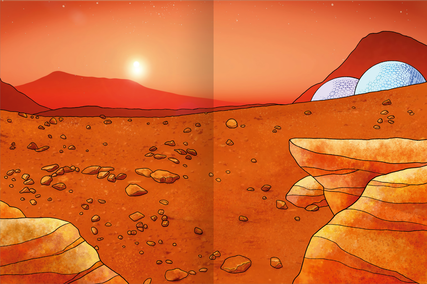 Gezeigt wird eine Innen- oder Zusatzansicht von „Erstes Stickern Metallic – Weltall“. Die Illustration zeigt eine Marslandschaft mit warmen, erdigen Rottönen und sanften, goldenen Farbtönen der Felsen. Im Hintergrund erhebt sich eine rote Bergsilhouette vor einem leuchtend orangefarbenen Himmel, in dem die Sonne scheint. Rechts befinden sich futuristische, kuppelförmige Strukturen in sanften Blau- und Grautönen, die sich harmonisch in die rauhe Umgebung einfügen. Die Typografie ist...