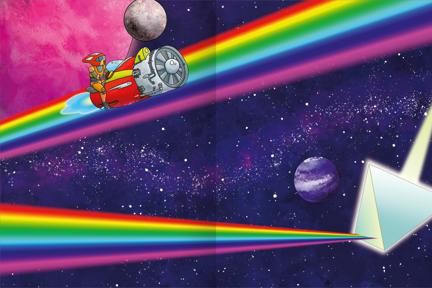 Gezeigt wird eine Innen- oder Zusatzansicht von „Erstes Stickern Metallic – Weltall“. Die Illustration zeigt ein rot-gelbes Raumschiff, das durch einen bunten Regenbogen über einen dunklen, sternenbedeckten Raum fliegt. Im Hintergrund sind zwei Planeten sowie farbige Strahlen zu sehen, die die Weltraumlandschaft lebendig wirken lassen. Die dominante Farbpalette umfasst kräftige Töne von Rot, Blau und Gelb, während die typografischen Elemente verspielt und kindgerecht gestaltet sind.