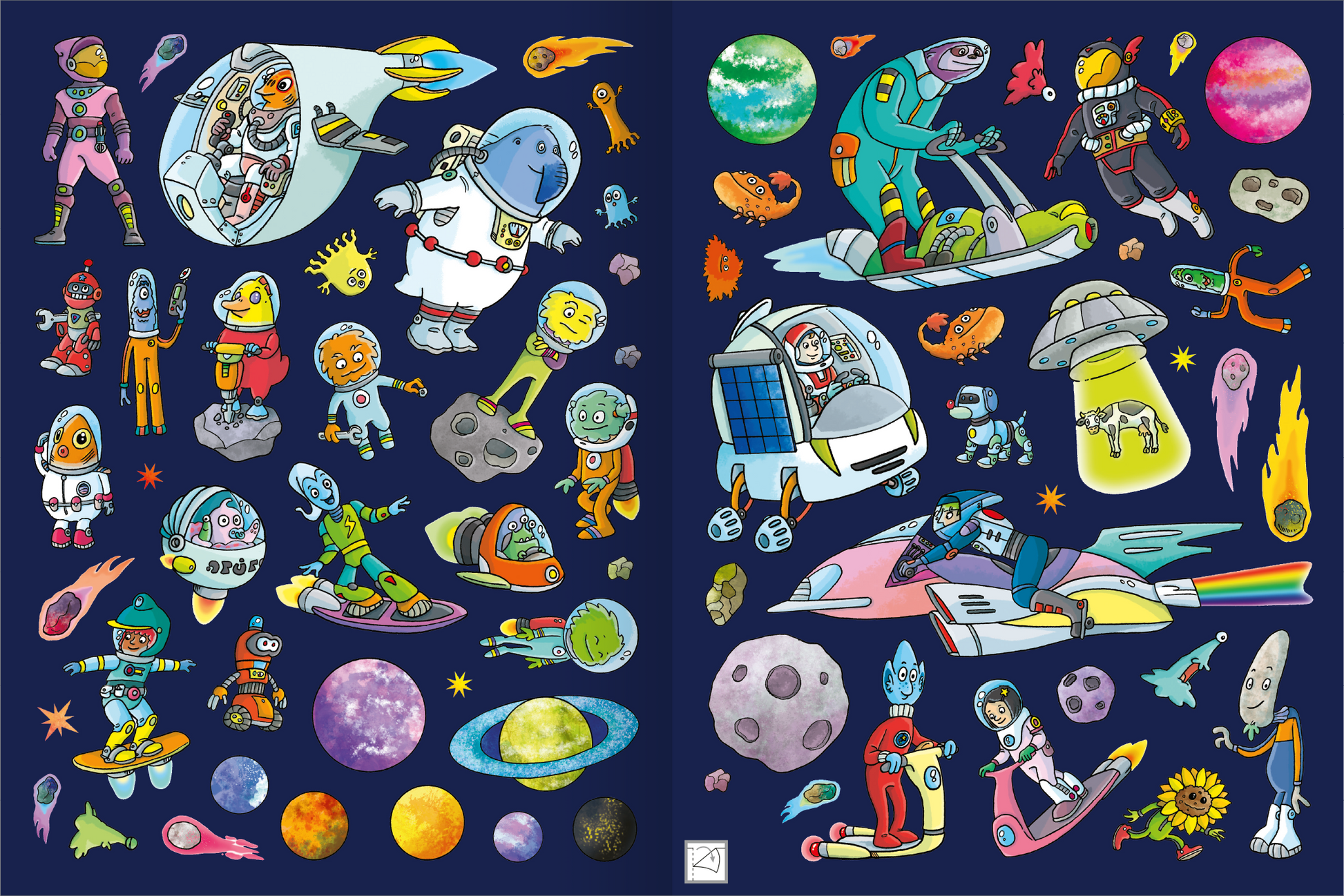 Gezeigt wird eine Innen- oder Zusatzansicht von „Erstes Stickern Metallic – Weltall“. Die Ansicht präsentiert eine Vielzahl bunter Aufkleber mit einem Weltraumthema. Zu den zentralen Elementen zählen Astronauten, Raumschiffe und außerirdische Wesen, die vor einem tiefblauen Hintergrund platziert sind. Die Farben sind lebhaft, mit leuchtenden Gelb-, Grün- und Rottönen, die die fantasievolle Gestaltung unterstreichen. Die Typografie ist verspielt und kindgerecht, was die Zielgruppe...