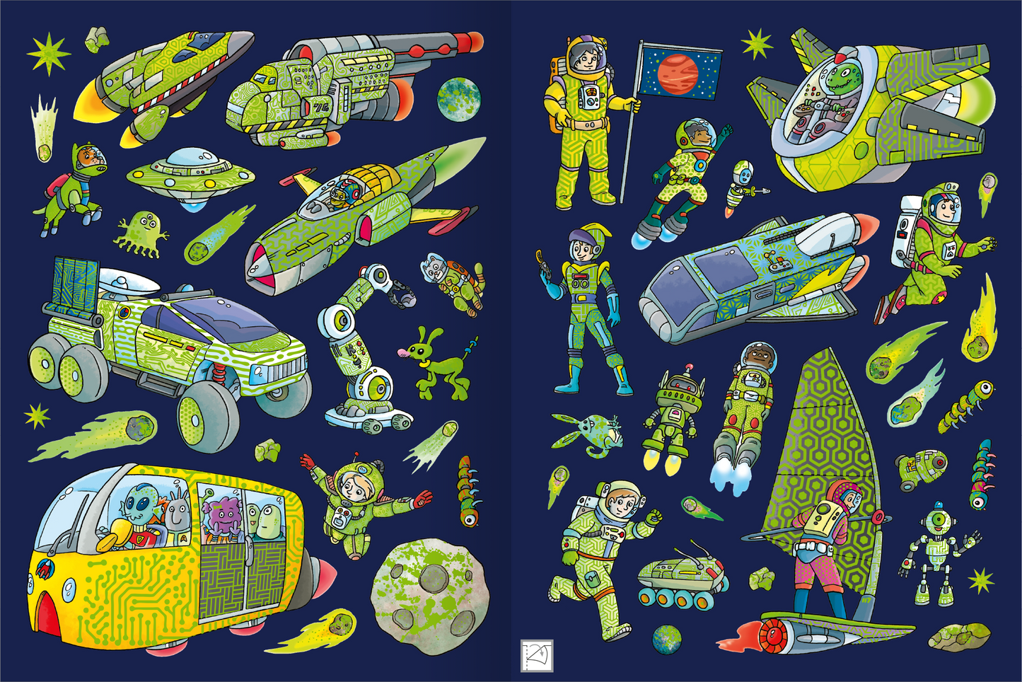 Gezeigt wird eine Innen- oder Zusatzansicht von „Erstes Stickern Metallic – Weltall“. Die Illustration zeigt eine lebendige Ansammlung von Raumschiffen, Astronauten und planetarischen Elementen auf einem tiefblauen Hintergrund. Die Hauptfarben sind leuchtendes Grün, Gelb und diverse Neonfarben, die eine dynamische und verspielte Atmosphäre schaffen. Die Typografie ist kindgerecht und spielerisch, ergänzt durch lebhafte Bilder von Tieren, Robotern und fantasievollen Fahrzeugen.