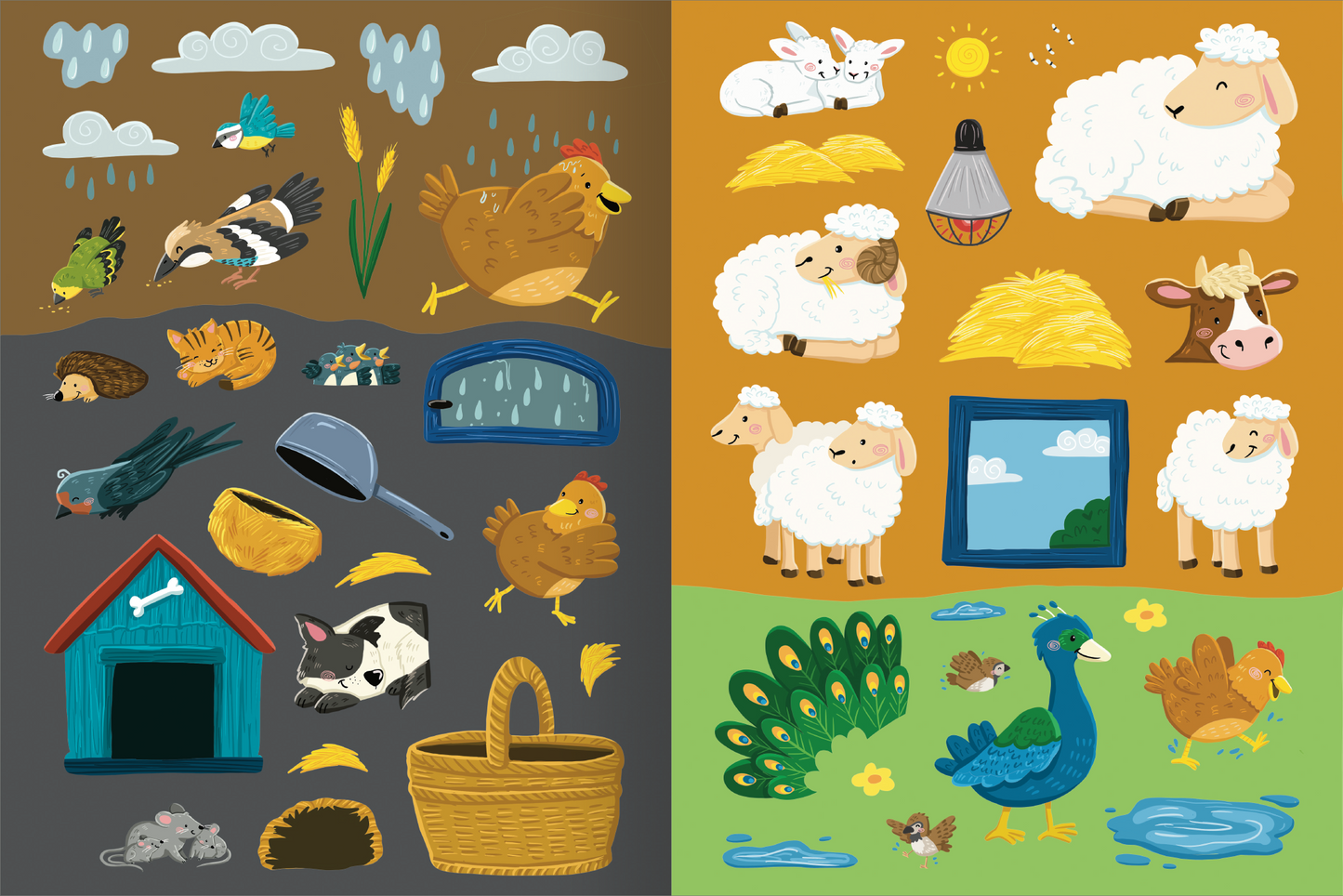 Gezeigt wird eine Innen- oder Zusatzansicht von „Mitmach-Stickerbuch – Henni, die kleine Henne“. Die Seite ist in zwei Abschnitte unterteilt, jeweils in warmen Erdtönen. Links sind verschiedene Tiersticker wie Vögel, eine Henne und eine Katze auf grauem Hintergrund dargestellt, während rechts eine sonnige Szene mit Schafen, einer Kuh und einem Pfau auf orangefarbenem Hintergrund zu sehen ist. Die Farben sind lebhaft, und die einfache, kindgerechte Typografie ist klar lesbar.