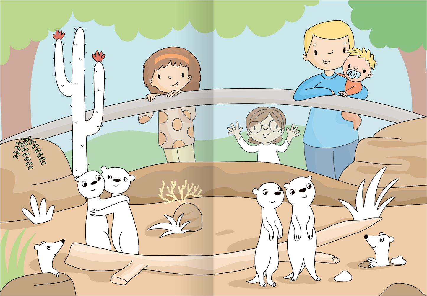 Gezeigt wird eine Innen- oder Zusatzansicht von „Mein großes buntes Malbuch – Zoo“. Die Illustration zeigt eine Tierpark-Szene mit zwei Erdmännchen, die auf einer Holzstange sitzen. Im Hintergrund sind Felsen und Pflanzen in sanften Erdtönen dargestellt. Zwei Kinder, ein Junge und ein Mädchen, beobachten die Tiere freudig hinter einem Zaun, während ein dritter Junge mit einem Baby auf dem Arm lächelt. Die Farben sind lebhaft, mit einem Fokus auf warmen Erdtönen und fröhlichen,...