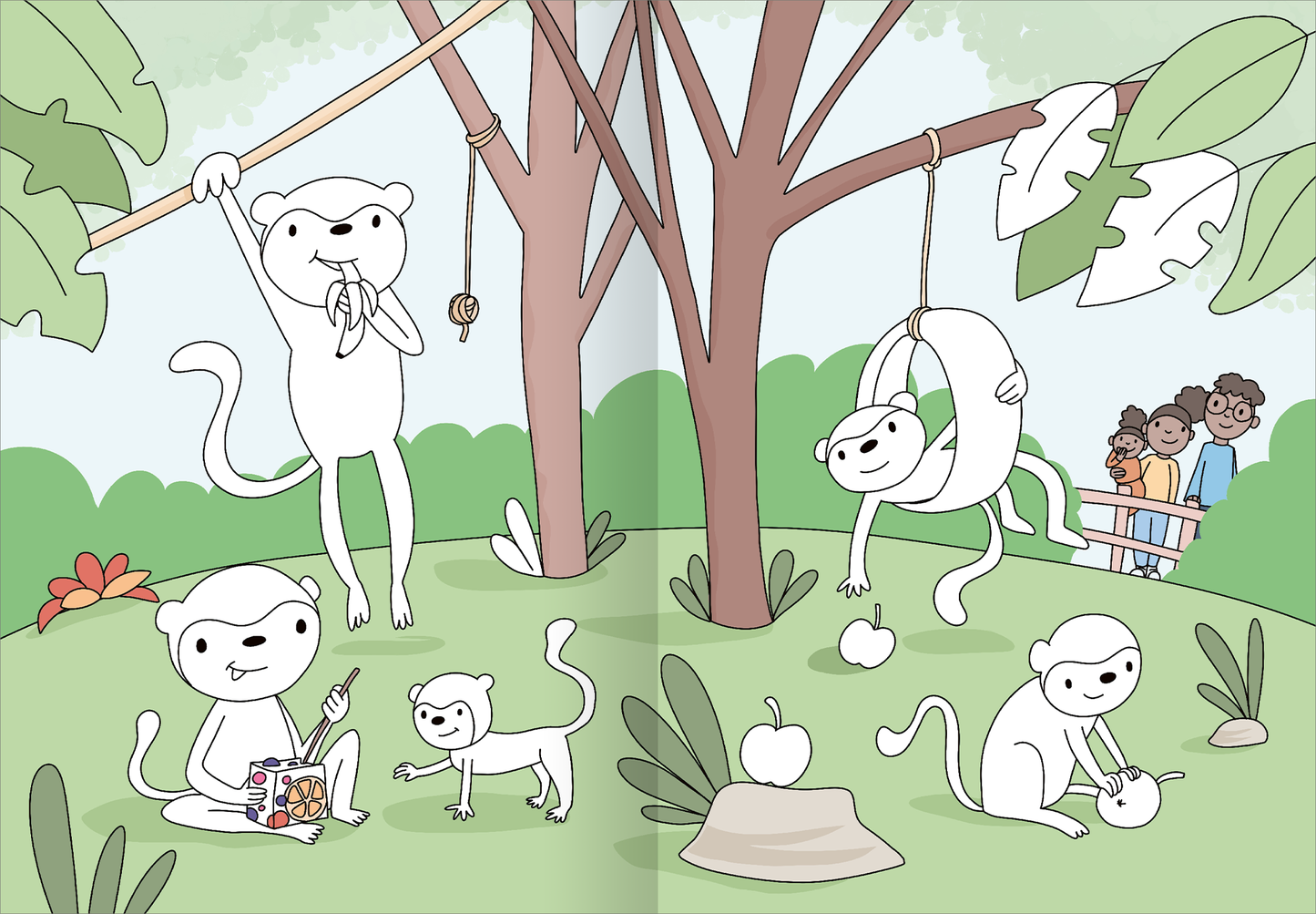 Gezeigt wird eine Innen- oder Zusatzansicht von „Mein großes buntes Malbuch – Zoo“. Die Szene zeigt eine Gruppe verspielter, weißer Affen in einem grünen Umfeld, umgeben von Bäumen und Pflanzen. Einige Affen hängen an Ästen, während andere auf dem Boden sitzen und spielen. Die Farben sind hell und einladend, mit verschiedenen Grüntönen und einem sanften Himmel. Die Typografie ist kindgerecht und fröhlich, was zur insgesamt spielerischen Atmosphäre beiträgt.