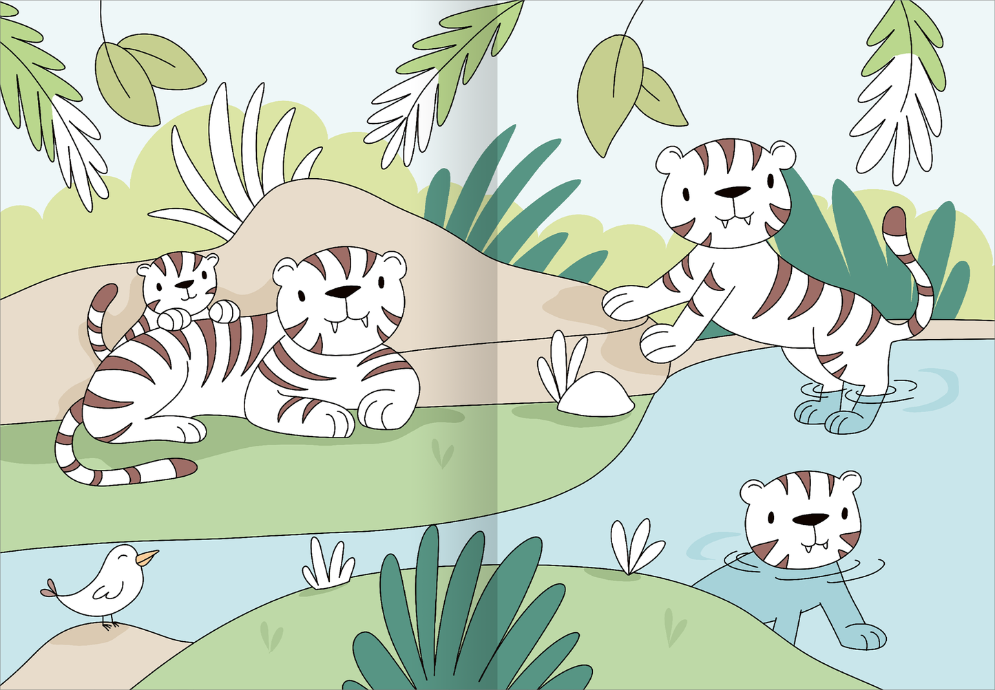 Gezeigt wird eine Innen- oder Zusatzansicht von „Mein großes buntes Malbuch – Zoo“. Auf der Seite sind mehrere niedliche Tiere, insbesondere weiße Tigern, zu sehen. Die Farben sind sanft gehalten, mit grünen Blättern und einem hellen Hintergrund, der eine freundliche Atmosphäre schafft. Die Typografie ist verspielt und kindgerecht, passend zu einem Malbuch für Kinder.