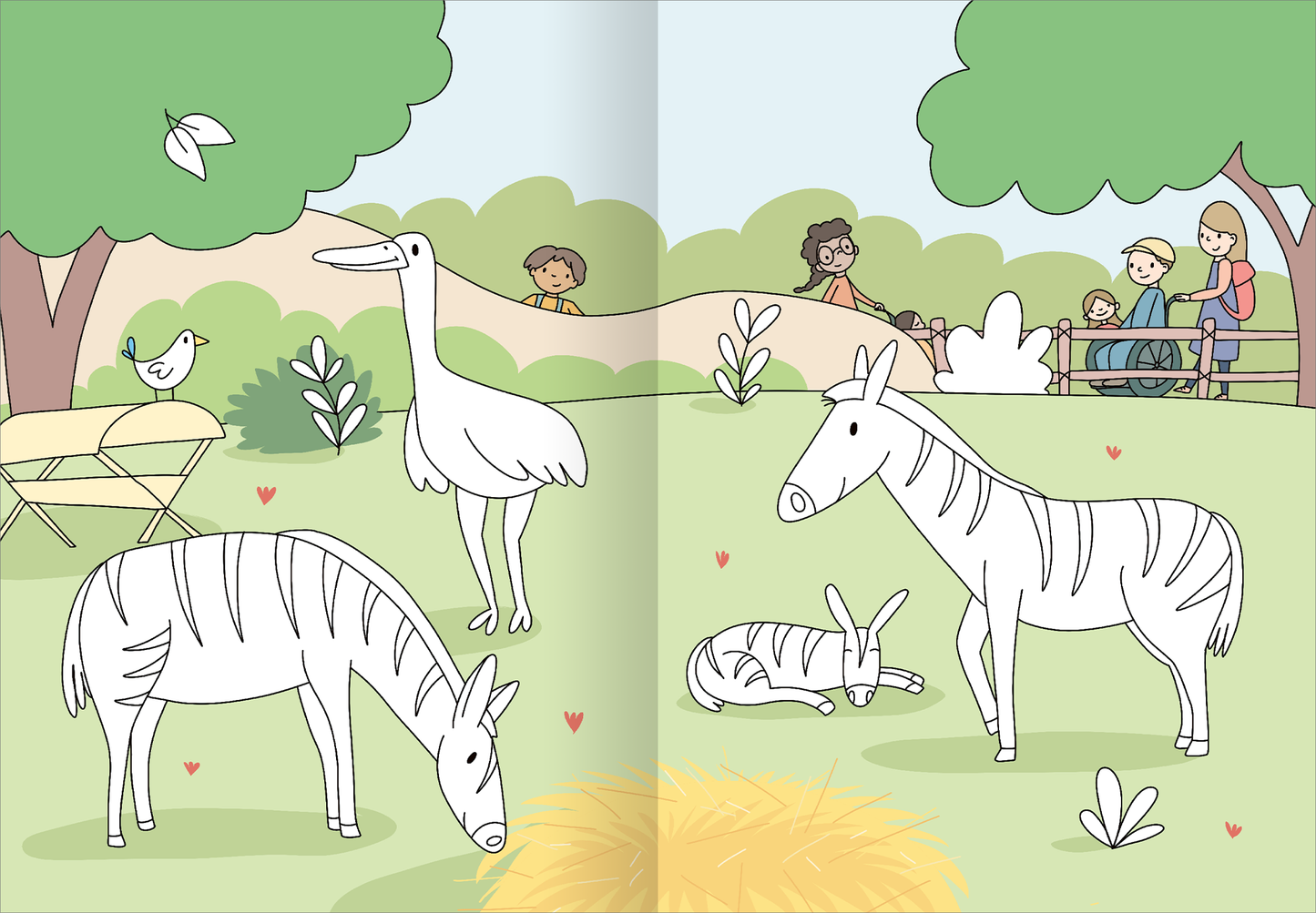 Gezeigt wird eine Innen- oder Zusatzansicht von „Mein großes buntes Malbuch – Zoo“. Die Abbildung zeigt eine idyllische Parklandschaft mit verschiedenen Tieren wie Zebras und einem Kranich. Die Illustration ist in sanften, pastelligen Farben gehalten, mit viel Grün durch Bäume und Sträucher. Im Hintergrund sind fröhliche Menschen zu sehen, die auf einer Bank sitzen. Die Figuren sind in einfacher, klarer Typografie gestaltet, was den verspielten Charakter des Malbuchs unterstreicht.