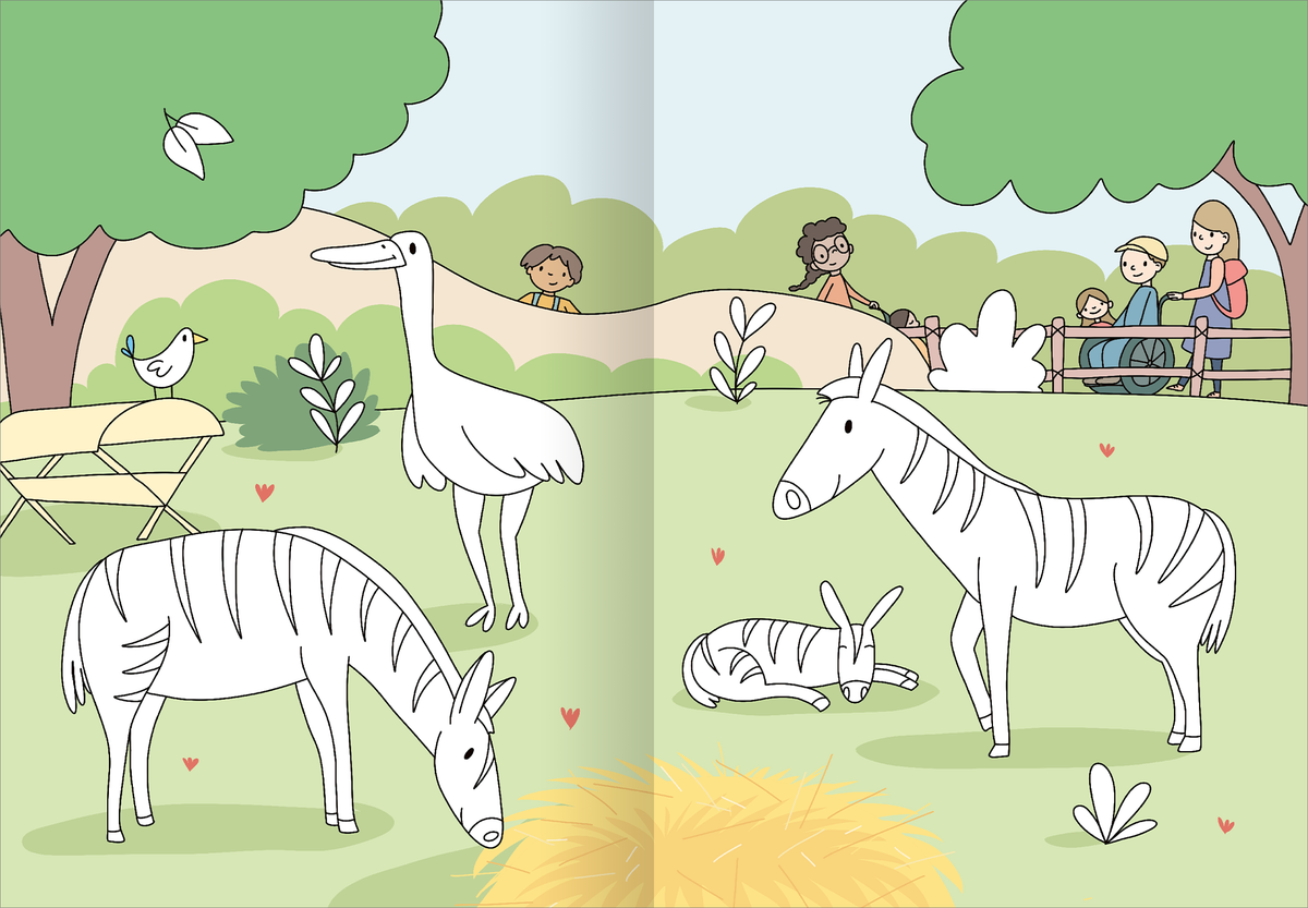 Gezeigt wird eine Innen- oder Zusatzansicht von „Mein großes buntes Malbuch – Zoo“. Die Abbildung zeigt eine idyllische Parklandschaft mit verschiedenen Tieren wie Zebras und einem Kranich. Die Illustration ist in sanften, pastelligen Farben gehalten, mit viel Grün durch Bäume und Sträucher. Im Hintergrund sind fröhliche Menschen zu sehen, die auf einer Bank sitzen. Die Figuren sind in einfacher, klarer Typografie gestaltet, was den verspielten Charakter des Malbuchs unterstreicht.