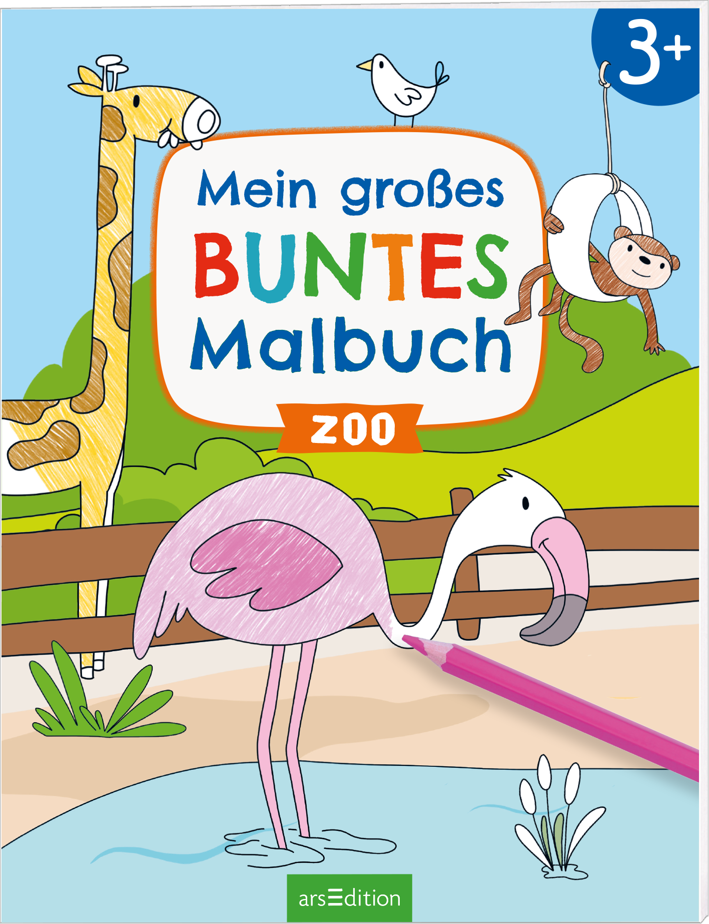 Das Cover zeigt eine fröhliche Zoo-Szene mit einem rosa Flamingo, der am Wasser steht, und einer bunten Giraffe im Hintergrund. Oben ist der Titel „Mein großes BUNTES Malbuch ZOO“ in kräftigen Farben wie Rot, Grün, Blau und Gelb gestaltet, um die Auffälligkeit zu betonen. Ein verspielter Affe hängt am oberen Rand, während zwei Vögel darüber fliegen. Ganz unten mittig steht der Logoschriftzug von arsEdition.