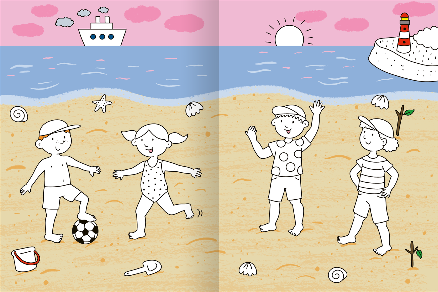 Gezeigt wird eine Innen- oder Zusatzansicht von „Mein großes buntes Malbuch – Fußball“. Die Illustration zeigt eine Strandlandschaft mit zwei Kindern, die am Sand spielen. Ein Mädchen in einem gepunkteten Badeanzug und ein Junge mit einem Ball. Der Hintergrund ist in sanften Pastellfarben gehalten, mit einer pinken Himmelshorizontlinie und einem Meer in verschiedenen Blautönen. Die Typografie ist klar und bunt, passend zur fröhlichen Strandszene.
