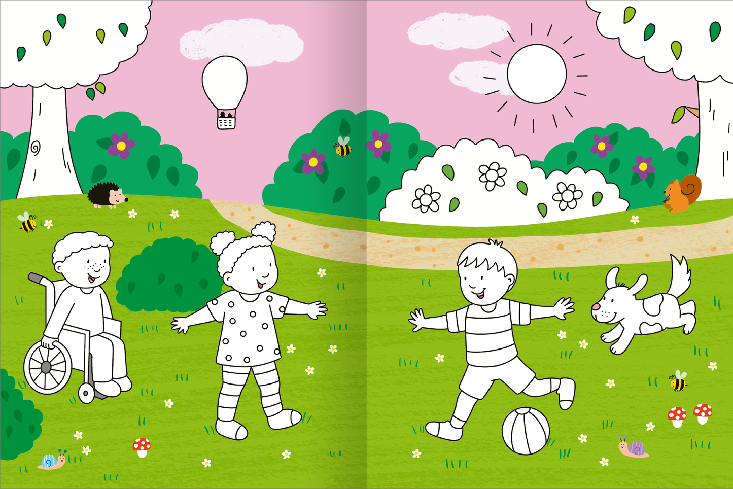 Gezeigt wird eine Innen- oder Zusatzansicht von „Mein großes buntes Malbuch – Fußball“. Auf der doppelten Seite befinden sich zwei Kinder, eines im Rollstuhl und das andere mit einer Schlaufe im Haar, die auf einer Wiese spielen. Der Hintergrund ist in sanften Pastelltönen gehalten, mit einem rosa Himmel, einer strahlenden Sonne und bunten Blumen. Ein Hund läuft spielend um die Kinder, während ein Ball im Vordergrund liegt. Die fröhliche, verspielte Typografie ergänzt die bunte...