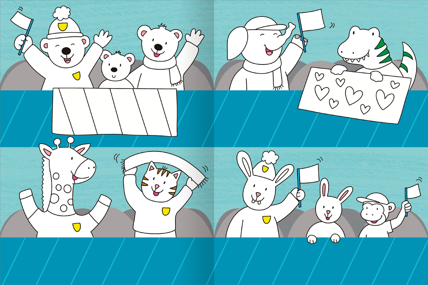 Gezeigt wird eine Innen- oder Zusatzansicht von „Mein großes buntes Malbuch – Fußball“. Die Illustration zeigt eine fröhliche Szene mit verschiedenen Tieren, die bunte Fähnchen halten und jubeln. In hellen Farben wie Blau, Grün und Pink sind die Tiere dargestellt, darunter ein Bär, ein Elefant und ein Krokodil. Die Typografie ist spielerisch und kindgerecht, mit klaren Linien und einfachen Formen, die die lebhafte Stimmung der Fußballfeier unterstreichen.