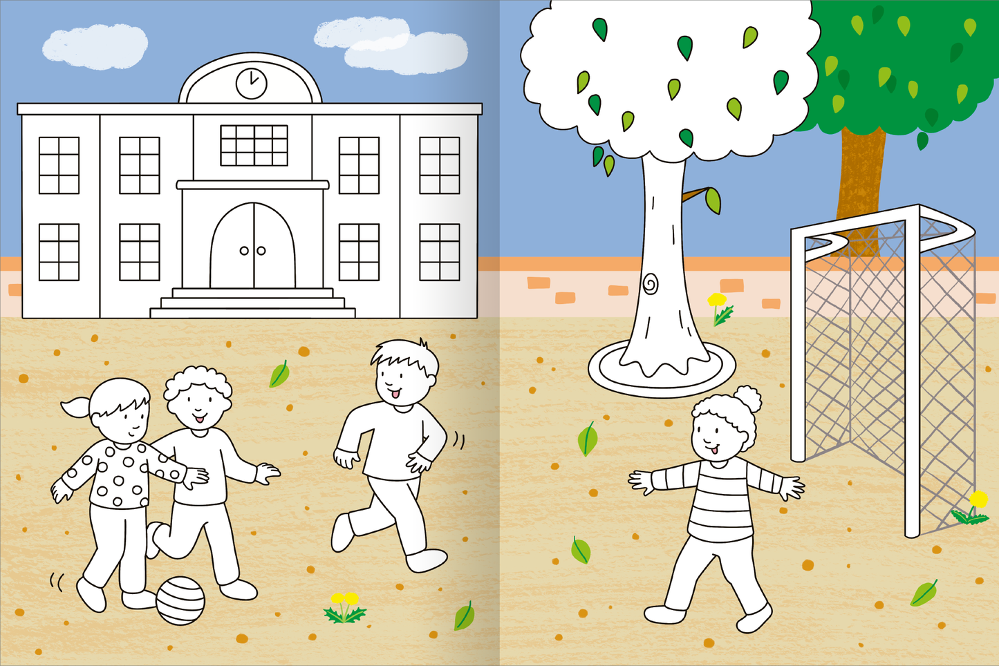 Gezeigt wird eine Innen- oder Zusatzansicht von „Mein großes buntes Malbuch – Fußball“. Das Bild zeigt eine lebhafte Szene im Freien mit einer Schule im Hintergrund und einer großen grünen Eiche. Auf der linken Seite spielen drei Kinder mit einem Ball, während ein weiteres Kind rechts steht und ins Tor schaut. Die Typografie ist verspielt und kindgerecht, und die Farben sind hell und einladend, mit blauem Himmel und gelben Blättern auf dem Boden.