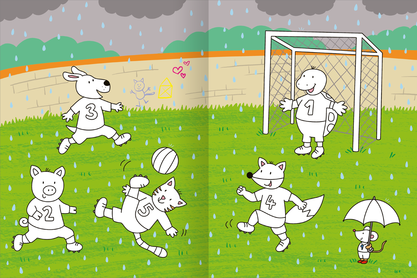 Gezeigt wird eine Innen- oder Zusatzansicht von „Mein großes buntes Malbuch – Fußball“. Auf der Doppelseite sieht man fünf niedliche Tiere in Fußballtrikots, die auf einem grünen Spielfeld spielen. Der Hund, die Katze, das Schwein, der Fuchs und die Maus agieren lebhaft im Regen, während der Himmel bewölkt ist. Die Farben sind hell und fröhlich, mit überwiegend Grün, Beige und Blau. Die Typografie ist kindgerecht und klar, unterstützt von spielerischen Illustrationen.