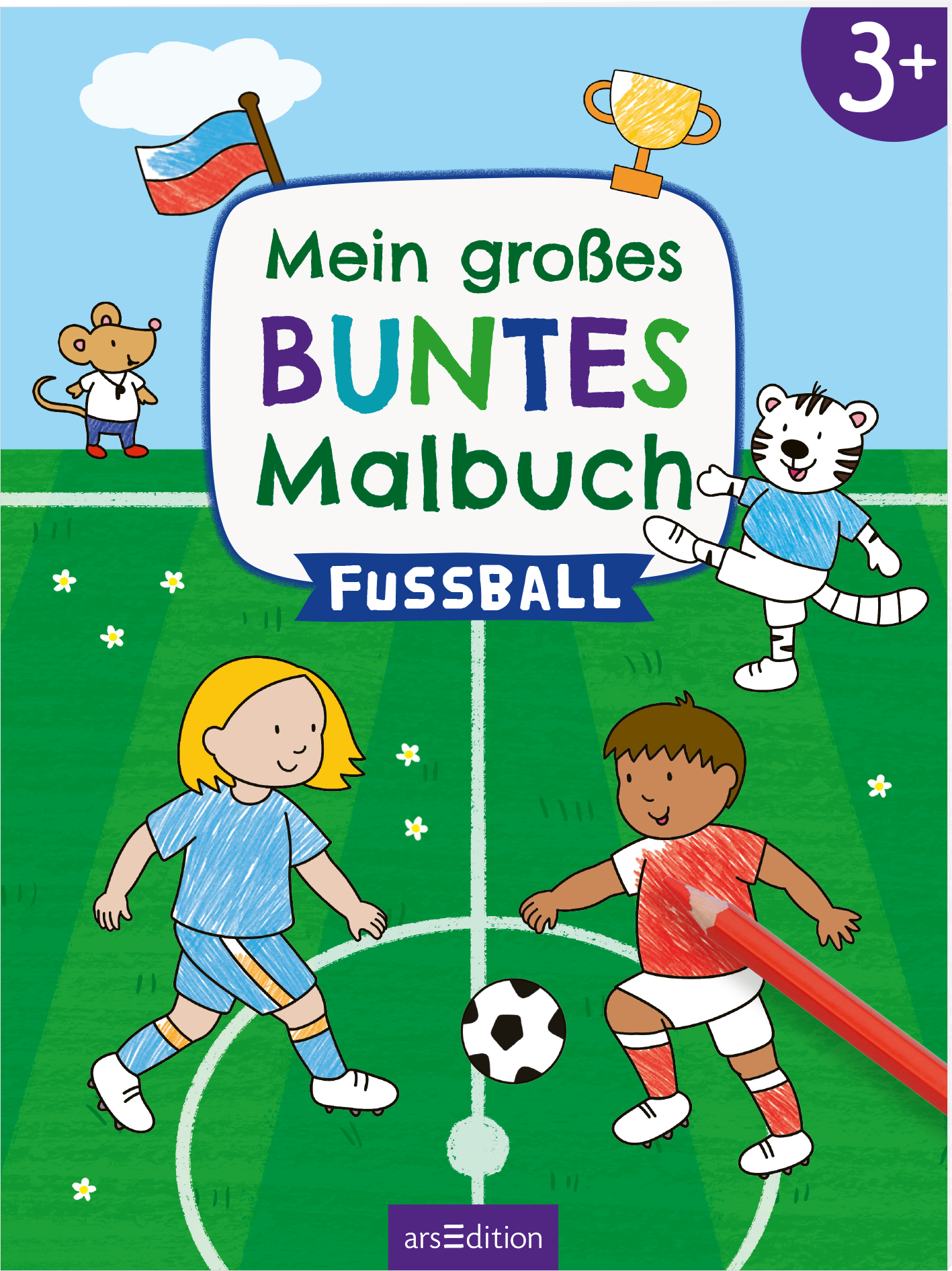 Das Cover zeigt eine fröhliche Fußballszene auf einem grünen Spielfeld. In bunten Farben sind ein blondes Mädchen mit blauen Trikots, ein Junge in rotem Trikot, eine weiße Katze sowie ein Mäuslein abgebildet. Über der Szene steht in großen bunten Buchstaben „Mein großes BUNTES Malbuch“, und darunter der Titel „Fussball“. In der oberen Ecke links ist ein Pokal und eine Fahne zu sehen. Oben rechts ist die Altersangabe „3+“ platziert. Ganz unten mittig steht der Logoschriftzug...