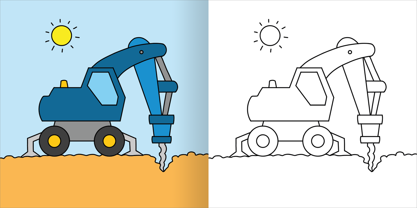 Gezeigt wird eine Innen- oder Zusatzansicht von „Mein erstes dickes Malbuch ab 2 – Bagger und Traktoren“. Auf der linken Seite ist ein farbenfroher Bagger in Blau mit gelben Rädern auf einem sandigen Untergrund abgebildet. Der Hintergrund ist hellblau, ergänzt durch eine Sonne. Auf der rechten Seite befindet sich die schwarz-weiße Ausmalversion desselben Baggers, die die Konturen und Details hervorhebt, ohne Farbfüllung.