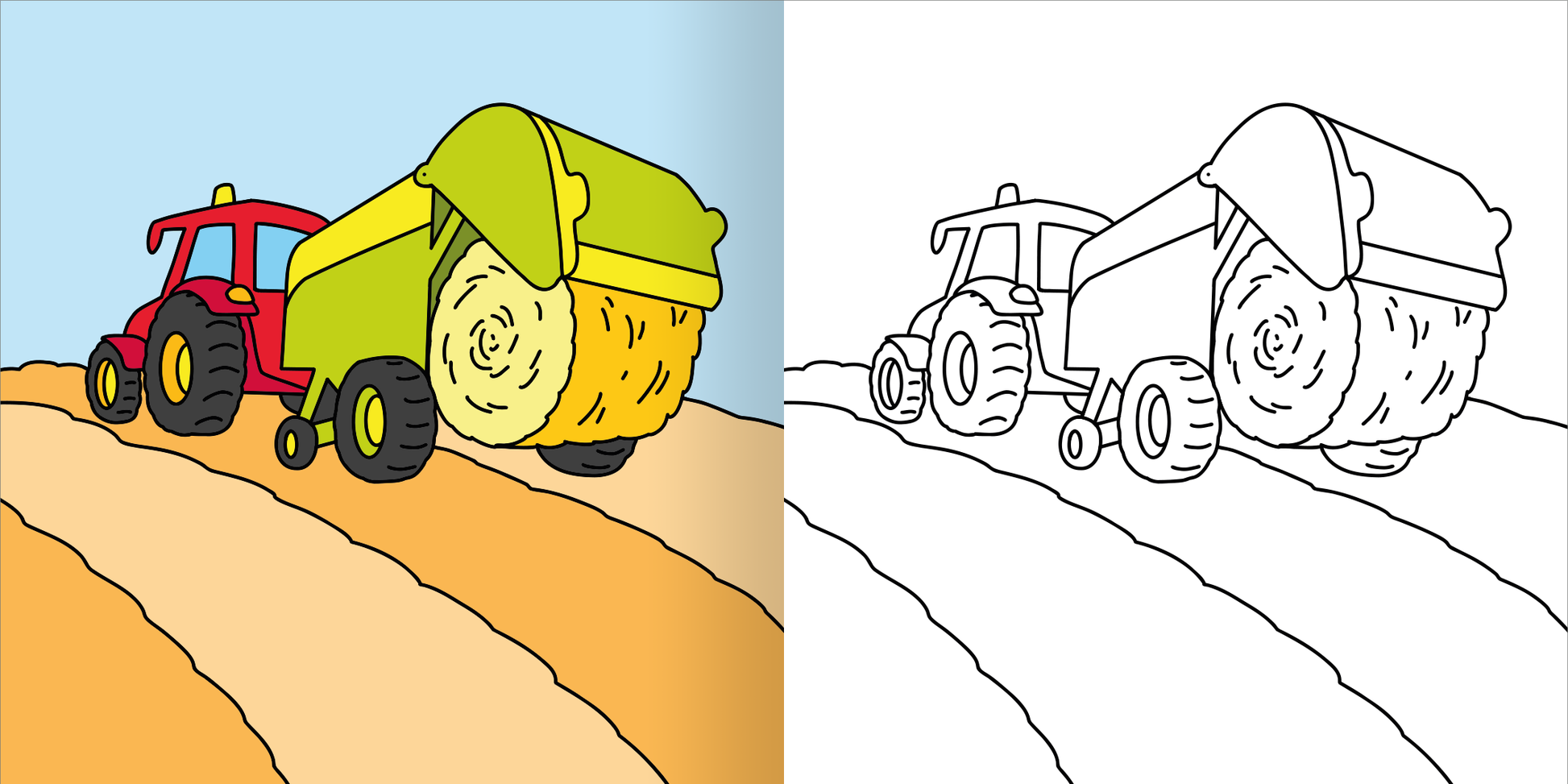 Gezeigt wird eine Innen- oder Zusatzansicht von „Mein erstes dickes Malbuch ab 2 – Bagger und Traktoren“. Die Illustration zeigt einen roten Traktor und einen gelben Anhänger auf einem orangefarbenen Feld. Die linke Seite ist farbig, während die rechte Seite eine ausgemalte Konturansicht präsentiert. Die Hintergrundfarbe ist hellblau, was den fröhlichen Charakter des Buches unterstreicht. Die einfache, kindgerechte Typografie unterstützt die Anschaulichkeit ohne komplexe Schriftarten.
