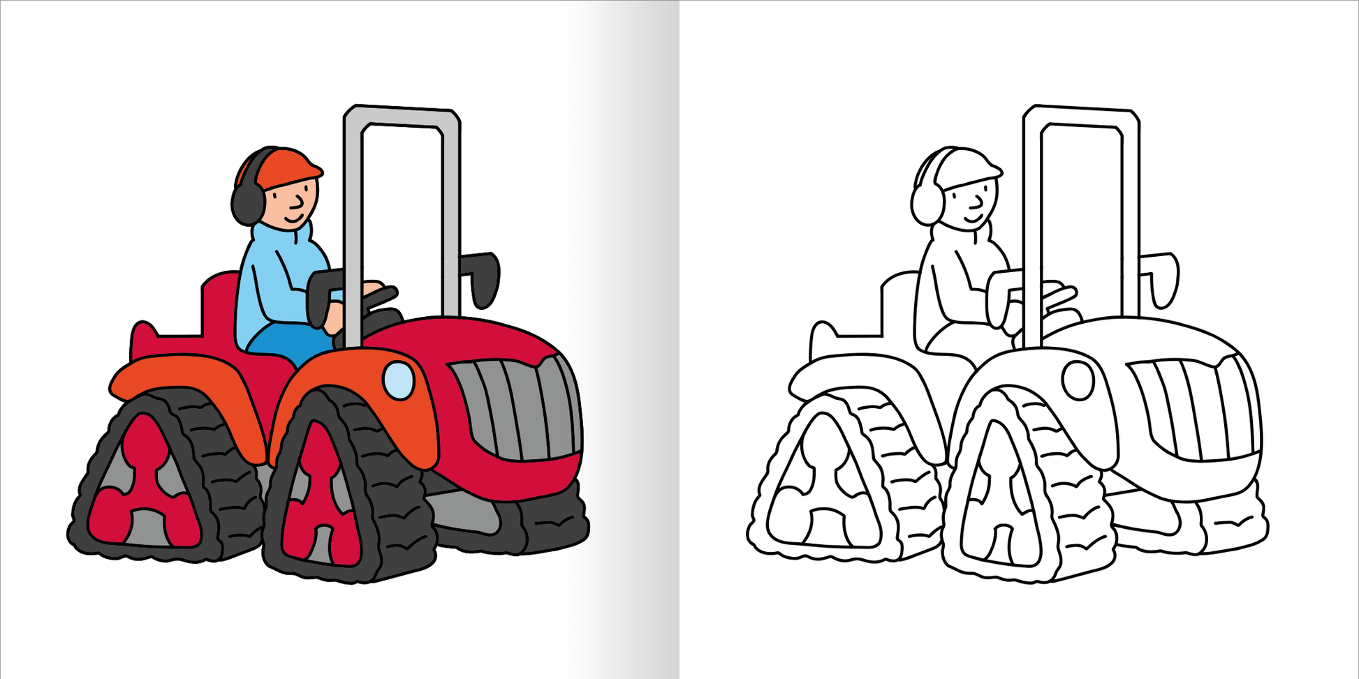 Gezeigt wird eine Innen- oder Zusatzansicht von „Mein erstes dickes Malbuch ab 2 – Bagger und Traktoren“. Die Abbildung zeigt einen roten Traktor mit einem Fahrer im blauen Outfit und orangefarbener Mütze. Der Traktor hat große, schwarze Reifen und ist detailreich gestaltet. Rechts ist die Kontur des Traktors in Schwarz-Weiß abgebildet, ideal zum Ausmalen. Der freundliche Gesichtsausdruck des Fahrers vermittelt Freude und Spielspaß.