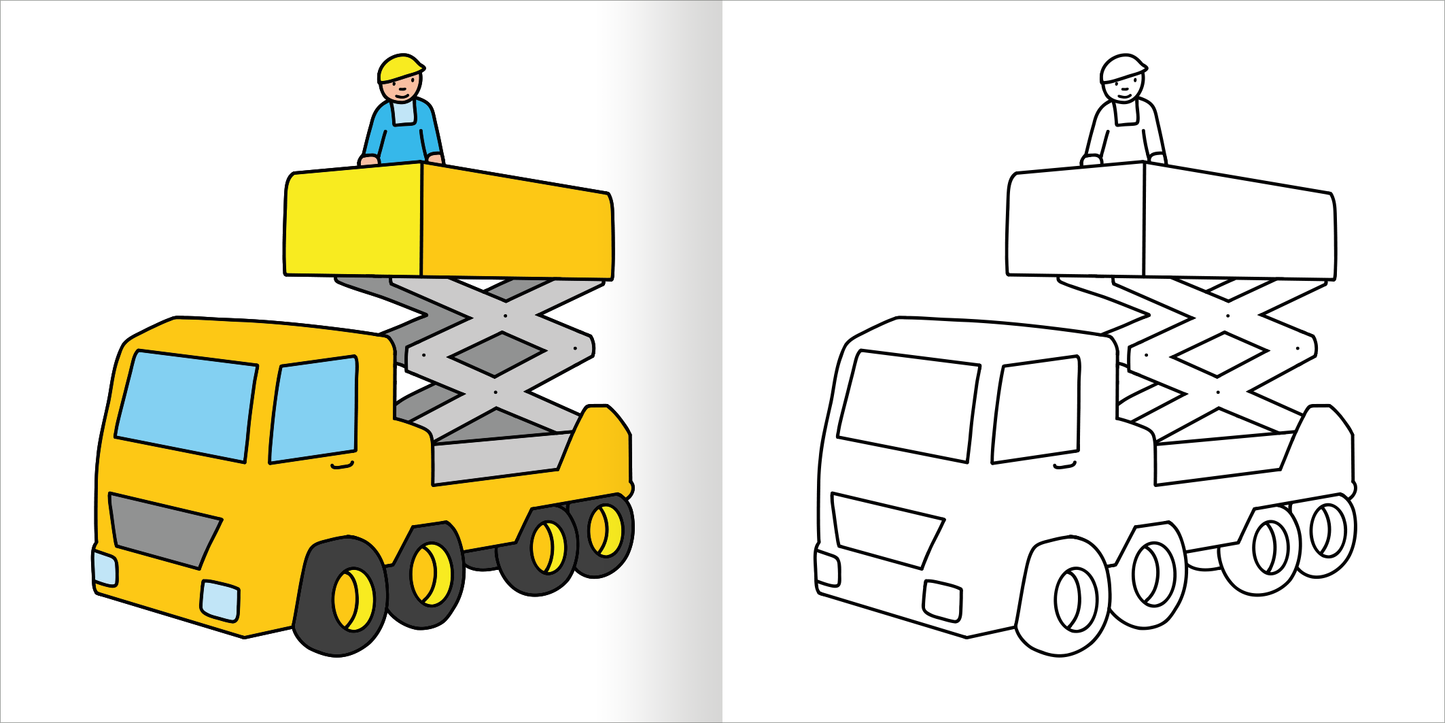 Gezeigt wird eine Innen- oder Zusatzansicht von „Mein erstes dickes Malbuch ab 2 – Bagger und Traktoren“. Das Bild zeigt einen gelben Kranwagen mit einem Bauarbeiter, der einen Aufsatz bedient. Die Figur trägt einen Sicherheitshut und eine blaue Arbeitskleidung. Der Hintergrund ist schlicht weiß, die Konturen des Wagens sind klar und in Schwarz gehalten. Eine zweite, farblose Version des Wagens ist ebenfalls neben der farbigen Abbildung abgebildet, wodurch die Elemente einfach...