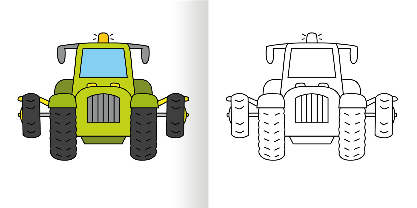 Gezeigt wird eine Innen- oder Zusatzansicht von „Mein erstes dickes Malbuch ab 2 – Bagger und Traktoren“. Die Abbildung zeigt einen bunten Traktor in strahlendem Grün auf der linken Seite und eine ausgemalte Version in Schwarz-Weiß auf der rechten Seite. Die zentralen Elemente sind die großen, runden Reifen und die markante Front mit vertikalen Kühlschlitzen. Die einfache, klare Typografie ergänzt die kinderfreundliche Gestaltung.