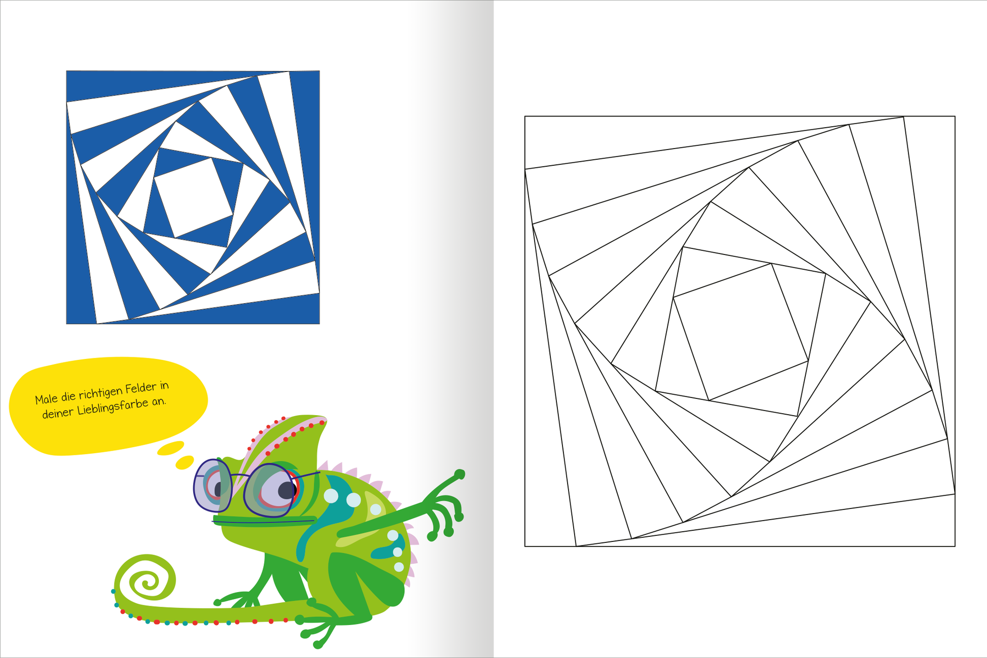Gezeigt wird eine Innenansicht von „Optische Illusionen – Malbuch“. Auf der linken Seite ist ein blauer Hintergrund mit geometrischen, weißen Mustern abgebildet, die eine hypnotisierende Spirale darstellen. Ein farbenfrohes, cartoonhaftes Chamäleon mit großen Brillen steht daneben und spricht in einer Sprechblase. Die rechte Seite zeigt eine leere, skizzierte Vorlage des gleichen Musters zum Ausmalen. Die Illustration verwendet lebendige Farben und eine spielerische Typografie.