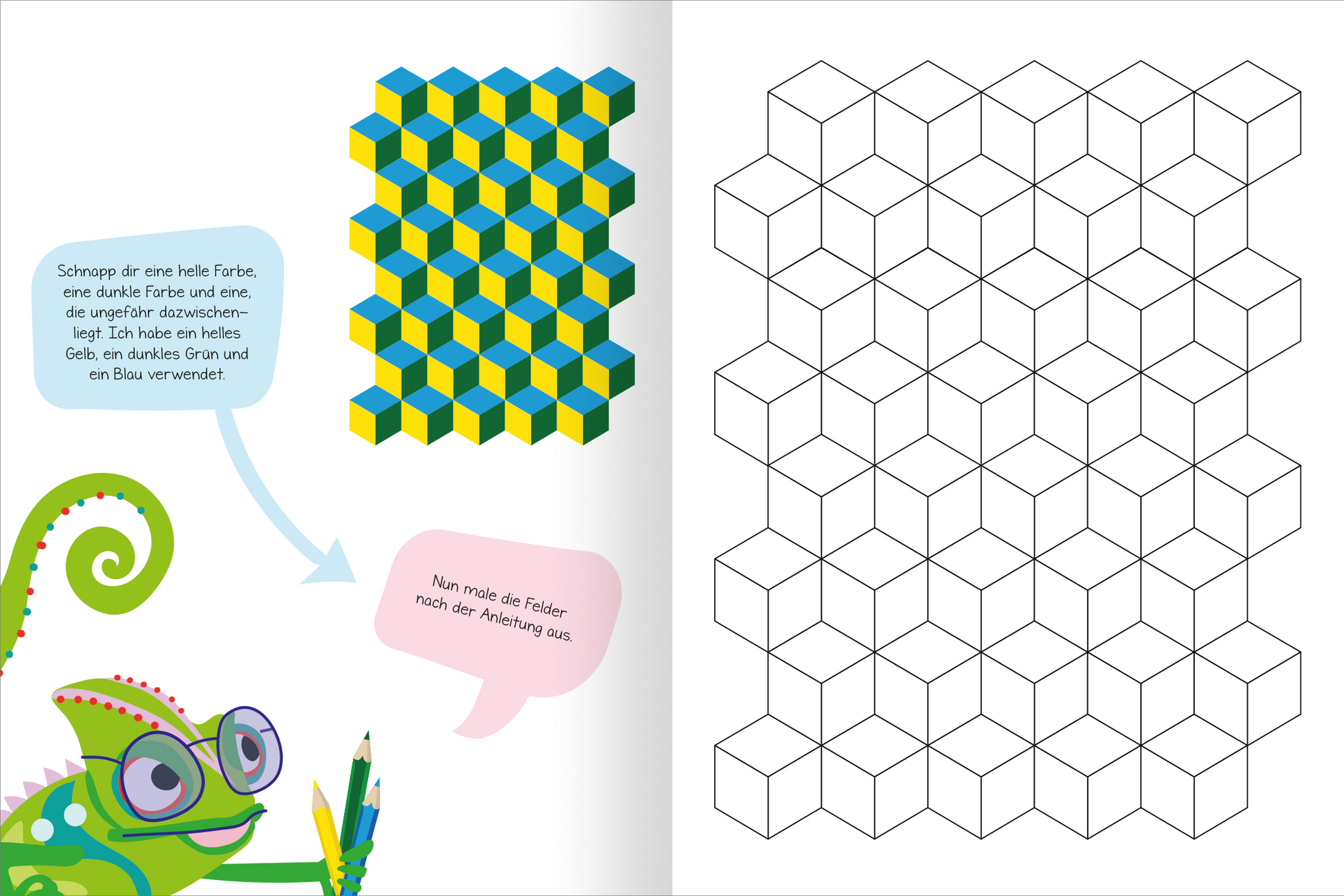 Gezeigt wird eine Innen- oder Zusatzansicht von „Optische Illusionen – Malbuch“. Die Seite präsentiert auf der linken Seite ein buntes, geometrisches Muster aus gelben und blauen 3D-Würfeln. Rechts befindet sich eine leere, skizzierte Vorlage des Musters zum Ausmalen. Darunter ist eine Illustration eines Chamäleons, das einen Bleistift hält und Anweisungen in Sprechblasen gibt. Die Typografie ist freundlich und verspielt, mit einer Mischung aus klaren und geschwungenen Schriften.