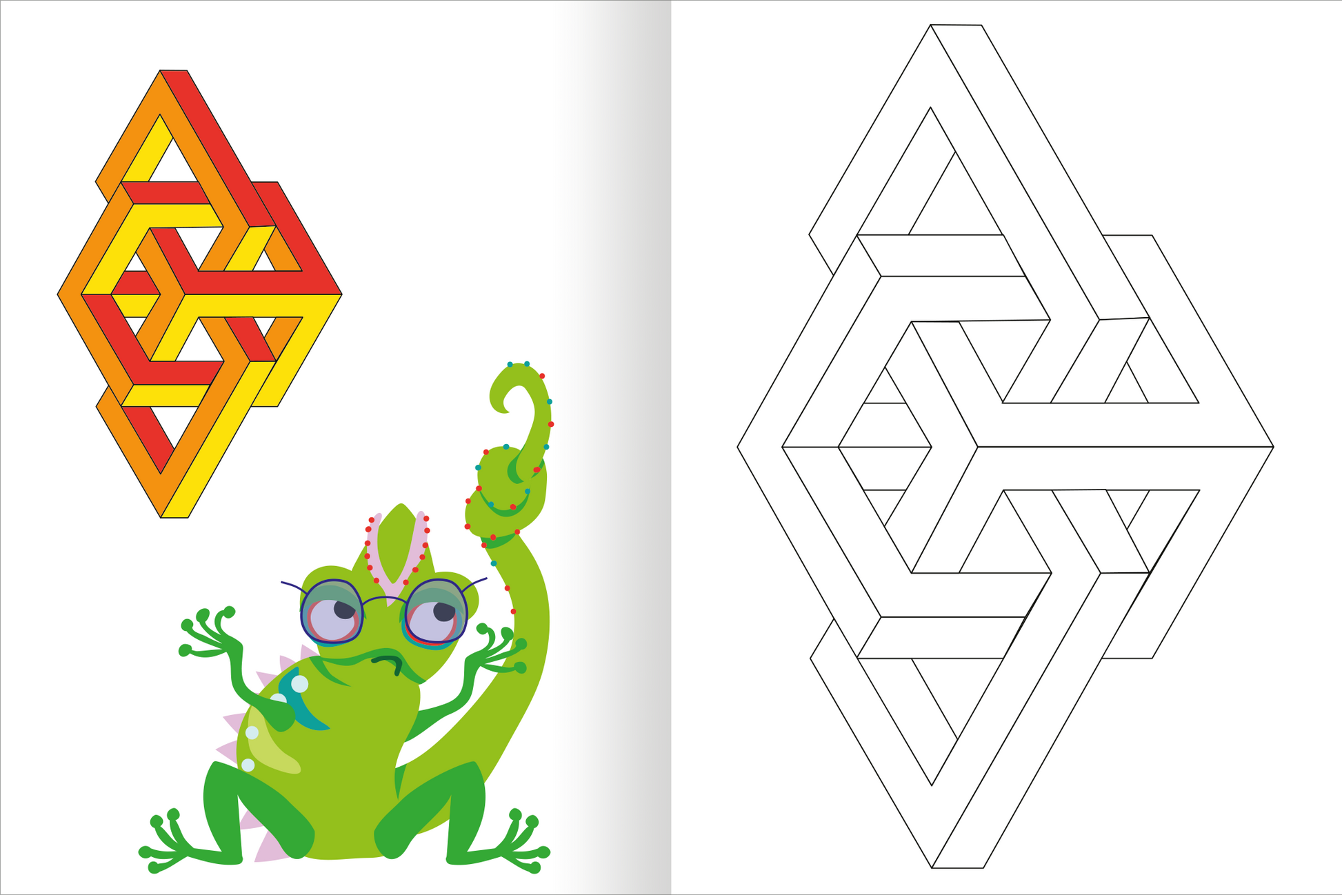 Gezeigt wird eine Innen- oder Zusatzansicht von „Optische Illusionen – Malbuch“. Auf der linken Seite ist eine bunte Grafik eines grünen Chamäleons mit großen Brillen und farbenfrohen Details zu sehen. Daneben, auf der rechten Seite, befindet sich eine schwarz-weiße Linienzeichnung eines geometrischen Musters in Form einer optischen Illusion. Die klare, sans-serif Typografie sorgt für eine moderne Anmutung des Layouts.