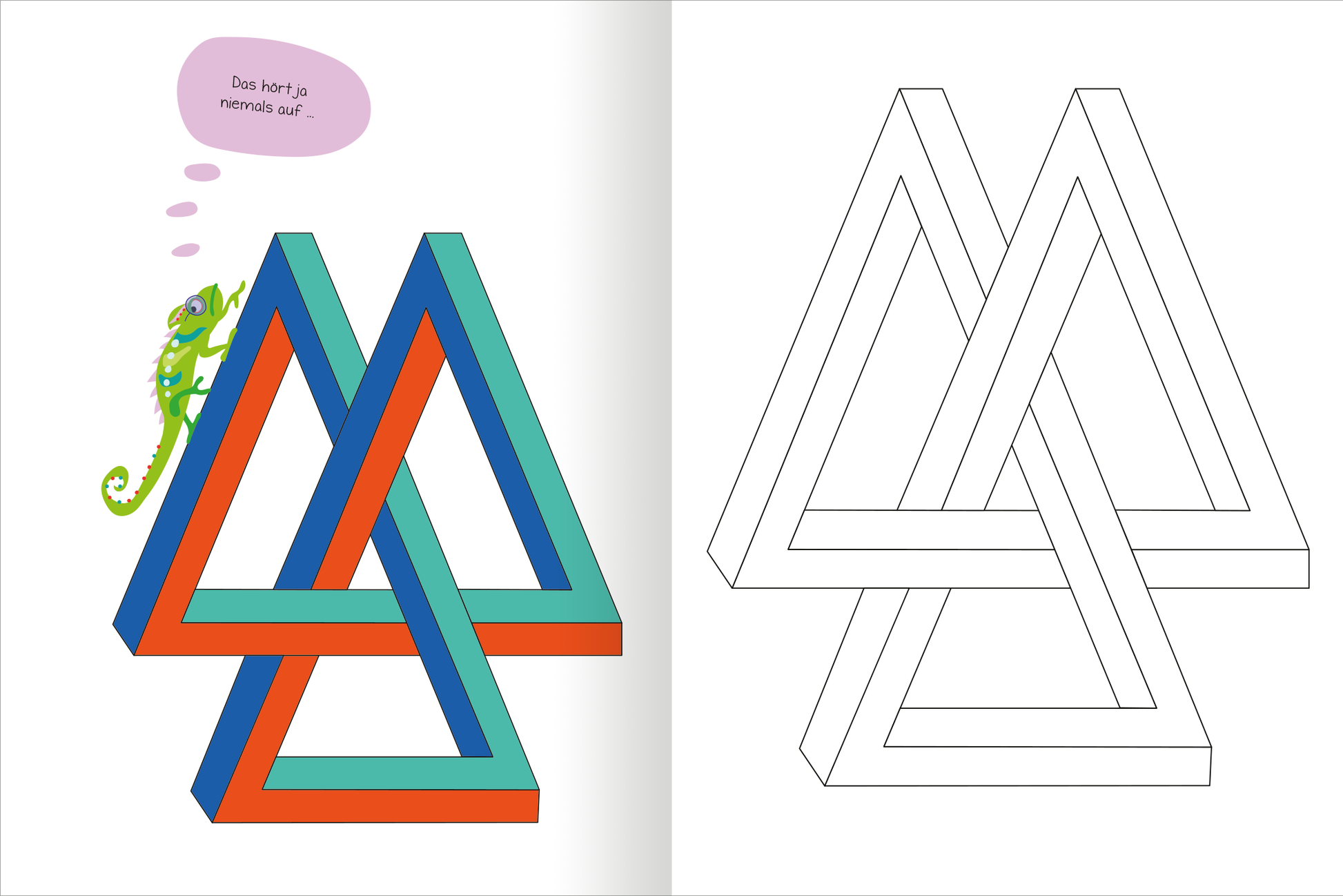 Gezeigt wird eine Innen- oder Zusatzansicht von „Optische Illusionen – Malbuch“. Auf der linken Seite befindet sich eine farbenfrohe Darstellung eines geometrischen Musters in kräftigen Blau-, Grün- und Orangetönen. Ein kleiner, grüner Chamäleon sitzt oben links und spricht mit einer Sprechblase, die den Text „Das lügt ja niemals auf!“ enthält. Auf der rechten Seite ist das gleiche Muster in einfacher, uncolorierter Konturzeichnung zu sehen.