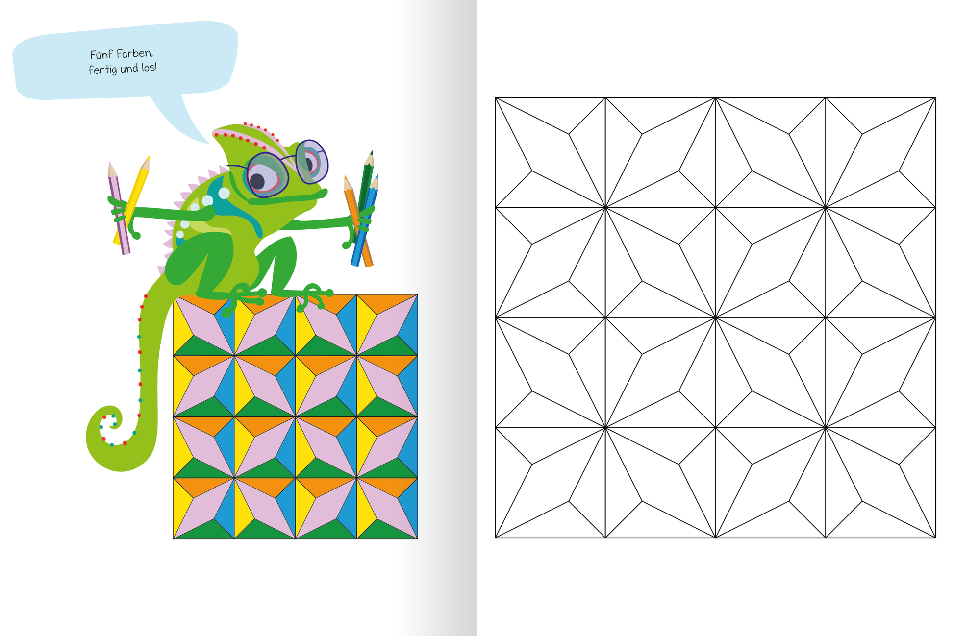 Gezeigt wird eine Innen- oder Zusatzansicht von „Optische Illusionen – Malbuch“. Auf der linken Seite ist ein bunter, cartoonartiger Chamäleon mit großen Brillen abgebildet, das bunte Marker hält. Es steht vor einem geometrischen, farbenfrohen Muster in lebendigen Farben wie Grün, Pink, Blau und Orange. Auf der rechten Seite findet sich eine leere, skizzierte Vorlage mit einem ähnlichen geometrischen Design in Schwarzlinien auf Weiß. Der Hintergrund ist hell und freundlich gestaltet.