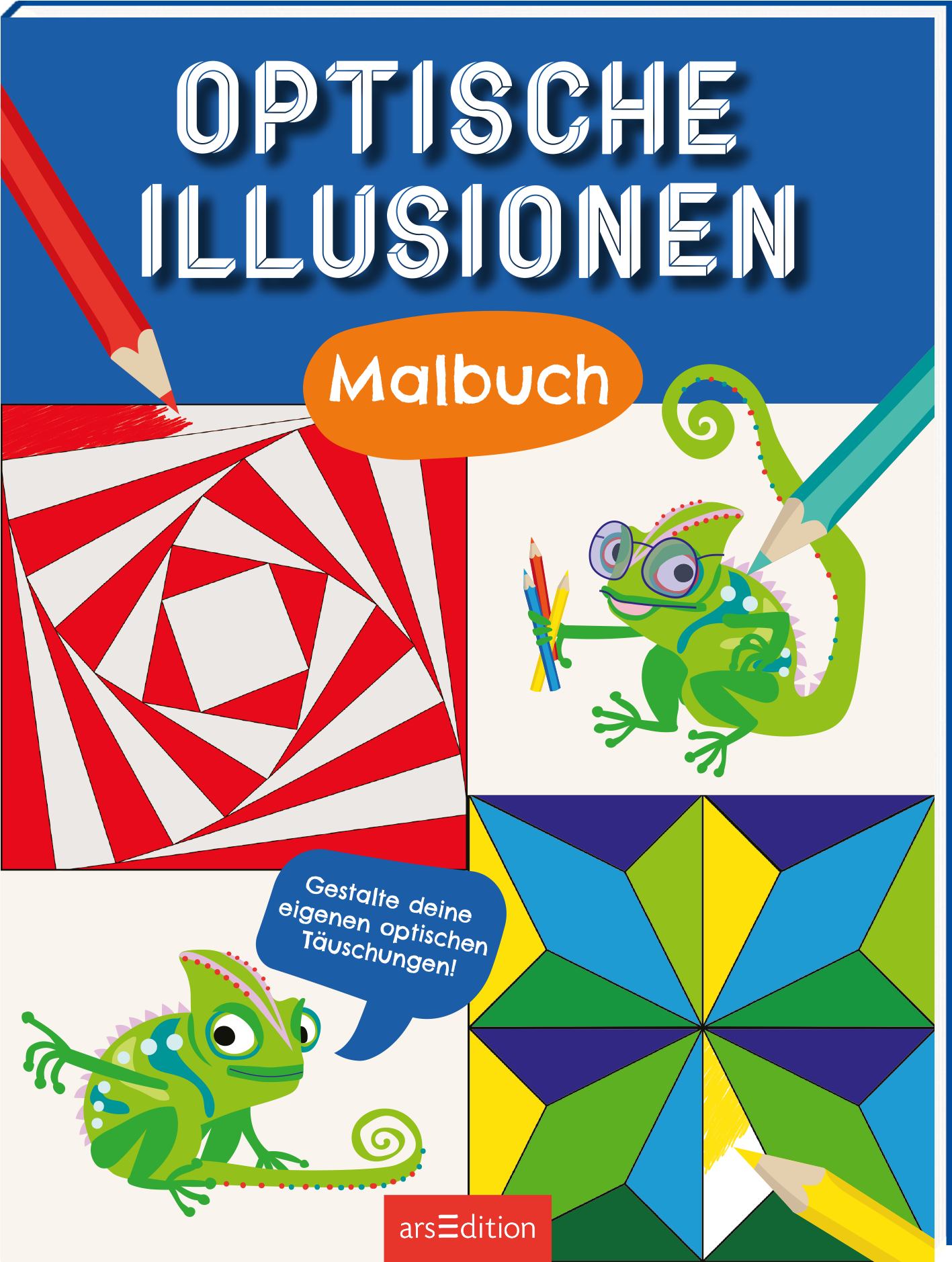 Das Buchcover zeigt den Titel „Optische Illusionen“ in großen, fetten, weißen Buchstaben auf einem blauen Hintergrund. Darunter befindet sich der Begriff „Malbuch“, dargestellt in einem leuchtenden Orange. Das Cover ist mit bunten, grafischen Mustern und Zeichnungen von gezeichneten Chamäleons und Farben versehen, was eine spielerische Atmosphäre schafft. In einer Sprechblase steht der Text: „Gestalte deine eigenen optischen Täuschungen!“ Ganz unten mittig steht der...
