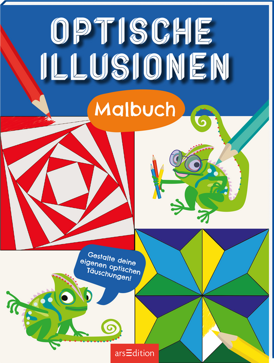 Das Buchcover zeigt den Titel „Optische Illusionen“ in großen, fetten, weißen Buchstaben auf einem blauen Hintergrund. Darunter befindet sich der Begriff „Malbuch“, dargestellt in einem leuchtenden Orange. Das Cover ist mit bunten, grafischen Mustern und Zeichnungen von gezeichneten Chamäleons und Farben versehen, was eine spielerische Atmosphäre schafft. In einer Sprechblase steht der Text: „Gestalte deine eigenen optischen Täuschungen!“ Ganz unten mittig steht der...
