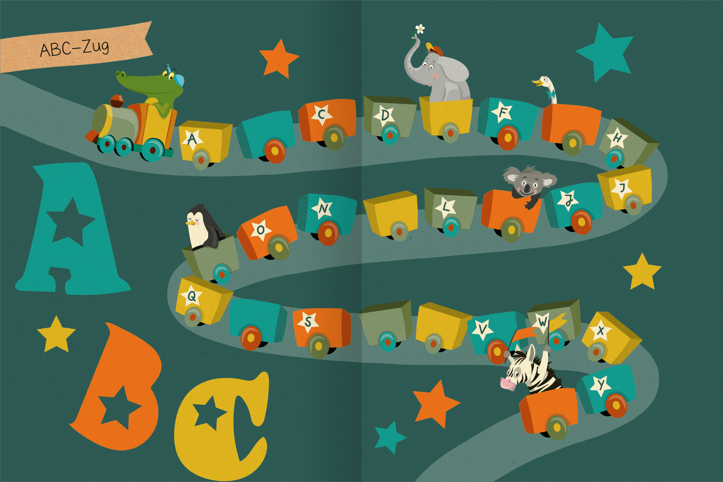 Gezeigt wird eine Innen- oder Zusatzansicht von „Stickern und Lernen – Denkspiele“. Die Illustration zeigt einen bunten ABC-Zug, der sich spiralförmig durch ein dunkles Grün schlängelt. Verschiedene Wagen in kräftigen Farben wie Orange, Gelb und Blau sind mit Buchstaben und kleinen Tiermotiven verziert. Über dem Zug befindet sich eine elegante Schrift, die „ABC-Zug“ anzeigt. Bunte Sterne und fröhliche Tierfiguren ergänzen die lebendige Komposition und schaffen eine einladende...