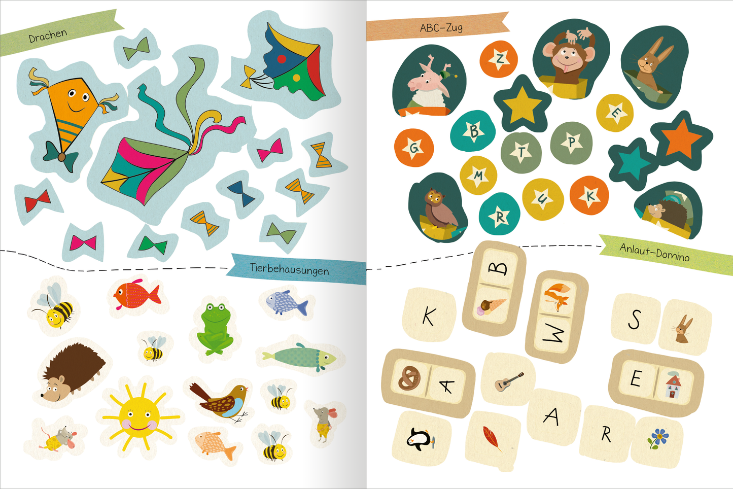 Gezeigt wird eine Innen- oder Zusatzansicht von „Stickern und Lernen – Denkspiele“. Auf der linken Seite sind bunte Sticker mit verschiedenen Motiven wie Drachen, Fischen und einer Sonne abgebildet. Die Farben sind lebhaft und vielfältig, mit einem spielerischen Einsatz von Blau, Gelb, Grün und Orange. Auf der rechten Seite befinden sich Illustrationen für ein ABC-Spiel sowie ein Anlaut-Domino, präsentiert in sanften, harmonischen Farben. Die Typografie ist klar und kindgerecht,...