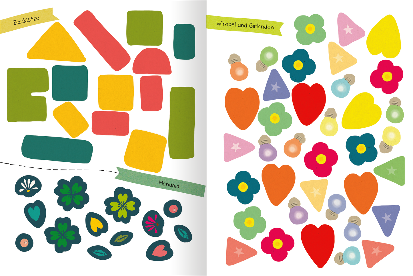 Gezeigt wird eine Innen- oder Zusatzansicht von „Stickern und Lernen – Denkspiele“. Die Seite enthält bunte, geometrische Formen wie Rechtecke, Quadrate und Kreise in Farben wie Gelb, Rot, Grün und Blau. Auf der linken Seite sind Blumen- und Blattformen in dunklem Grün und bunten Farben angeordnet. Der rechte Teil zeigt eine Vielfalt an fröhlichen Motiven, darunter Herzen, Sterne und unterschiedliche Farben. Die Schriftzüge „Baukasten“ und „Wimpel und Girlanden“ sind in...