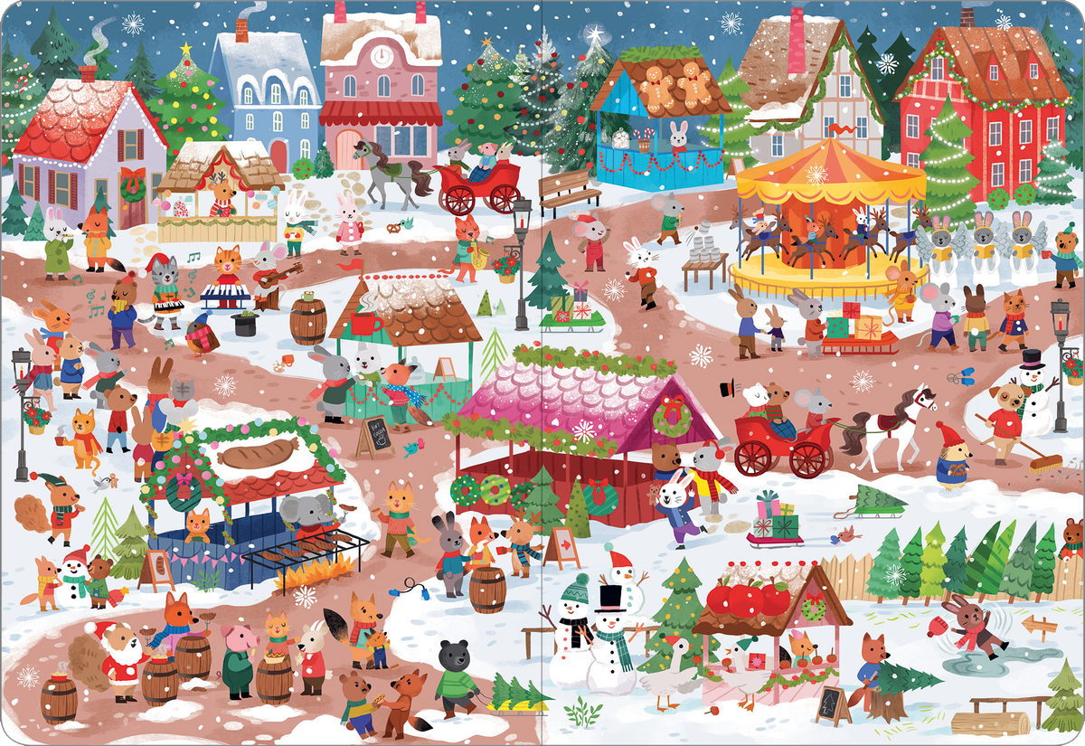 Gezeigt wird eine Innen- oder Zusatzansicht von „Mein großes Wimmelbuch – Im Winter“. Die Illustration zeigt eine lebhafte Winterszene mit schneebedeckten Gebäuden in verschiedenen Farben, darunter Rot, Blau und Weiß. Zahlreiche Tiere, wie Füchse und Hasen, sind in einer festlichen Marktatmosphäre aktiv. Ein Karussell mit bunten Farben und ein Schneemann sorgen für winterliche Stimmung. Die fröhliche Typografie ist kindgerecht und klar, um das Entdecken zu fördern.