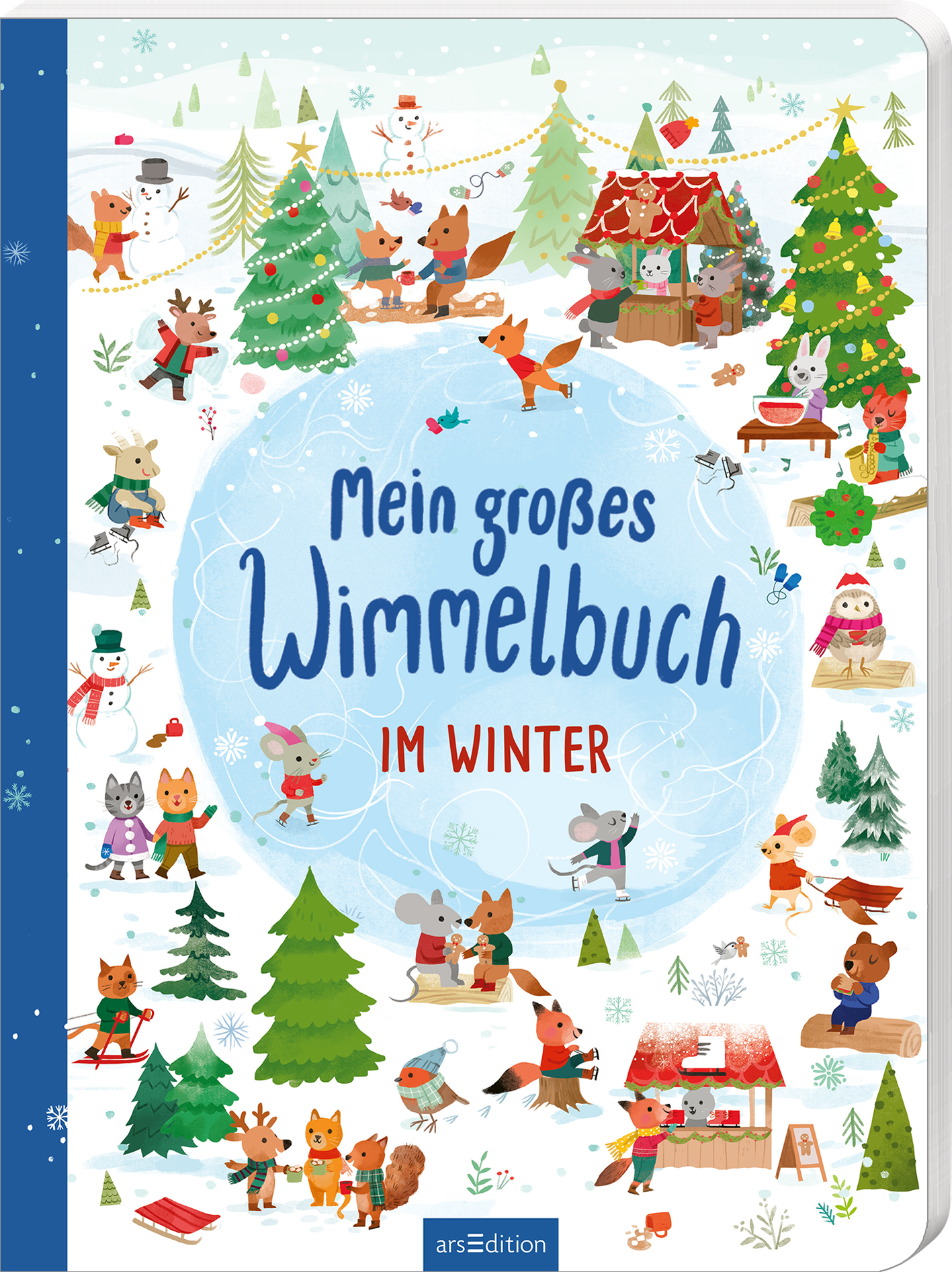 Das Cover zeigt eine winterliche Szene mit zahlreichen tierischen Charakteren in festlicher Umgebung. Bäume, festlich geschmückt, umgeben eine kleine Hütte mit roten Dächern. Der Himmel ist hellblau mit schneeflockenartigen Mustern. Der Titel „Mein großes Wimmelbuch“ ist in lockerer, blauer Schrift platziert, während „IM WINTER“ in roter Schrift darunter steht. Die Stimmung ist fröhlich und einladend. Ganz unten mittig steht der Logoschriftzug von arsEdition.