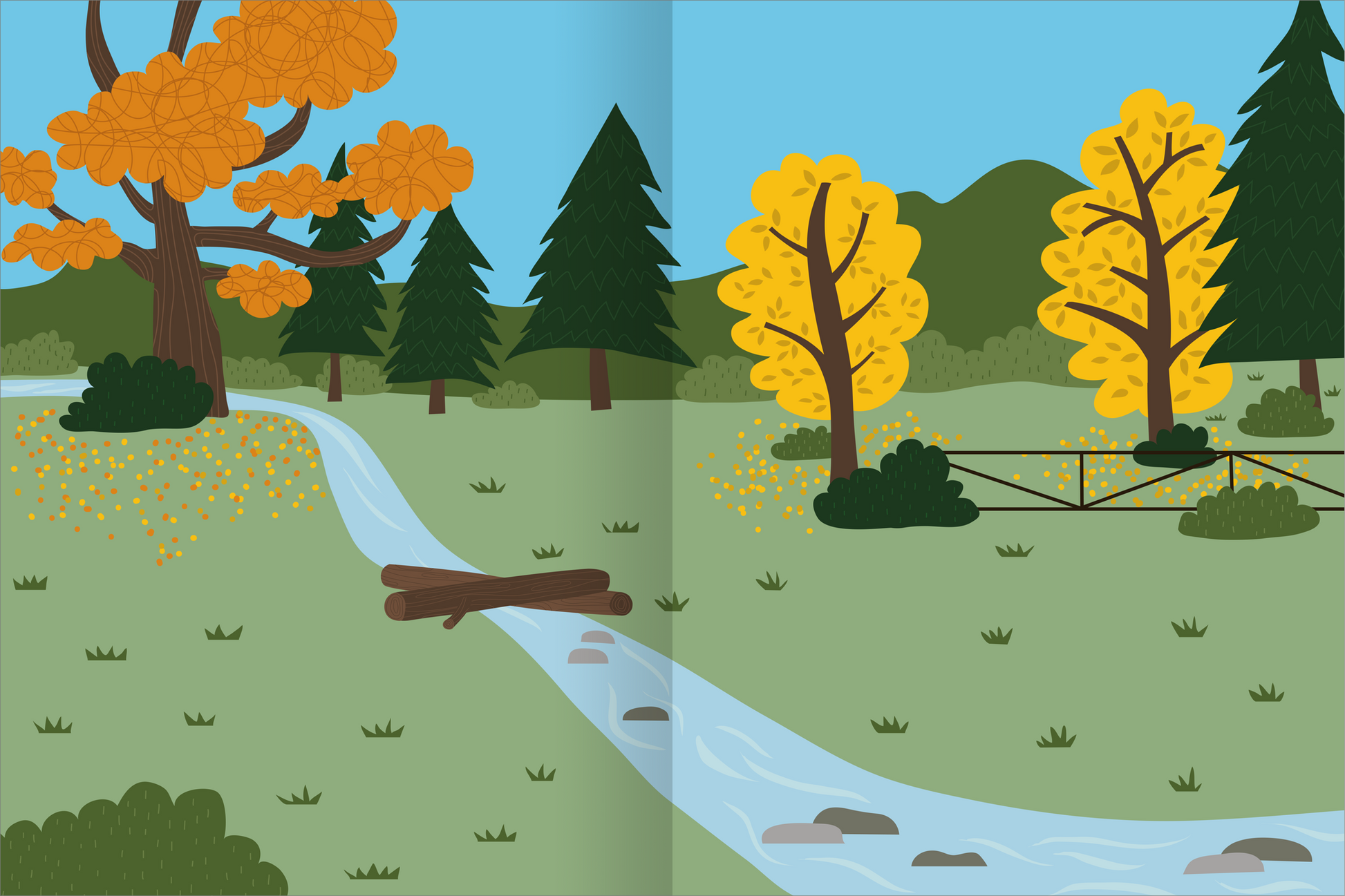 Gezeigt wird eine Innen- oder Zusatzansicht von „Das superdicke Stickerheft – Tiere“. Die Illustration zeigt eine herbstliche Landschaft mit einem ruhigen, geschlängelten Fluss, der zwischen grünem Gras fließt. Bunte Bäume in Gelb und Orange bilden den Hintergrund, ergänzt von dunklen Tannen. Ein umgestürzter Baumstamm liegt quer über dem Fluss. Der Himmel ist in einem sanften Blau gehalten, was die freundliche Atmosphäre der Szene verstärkt. Farbauswahl und klare Linien...