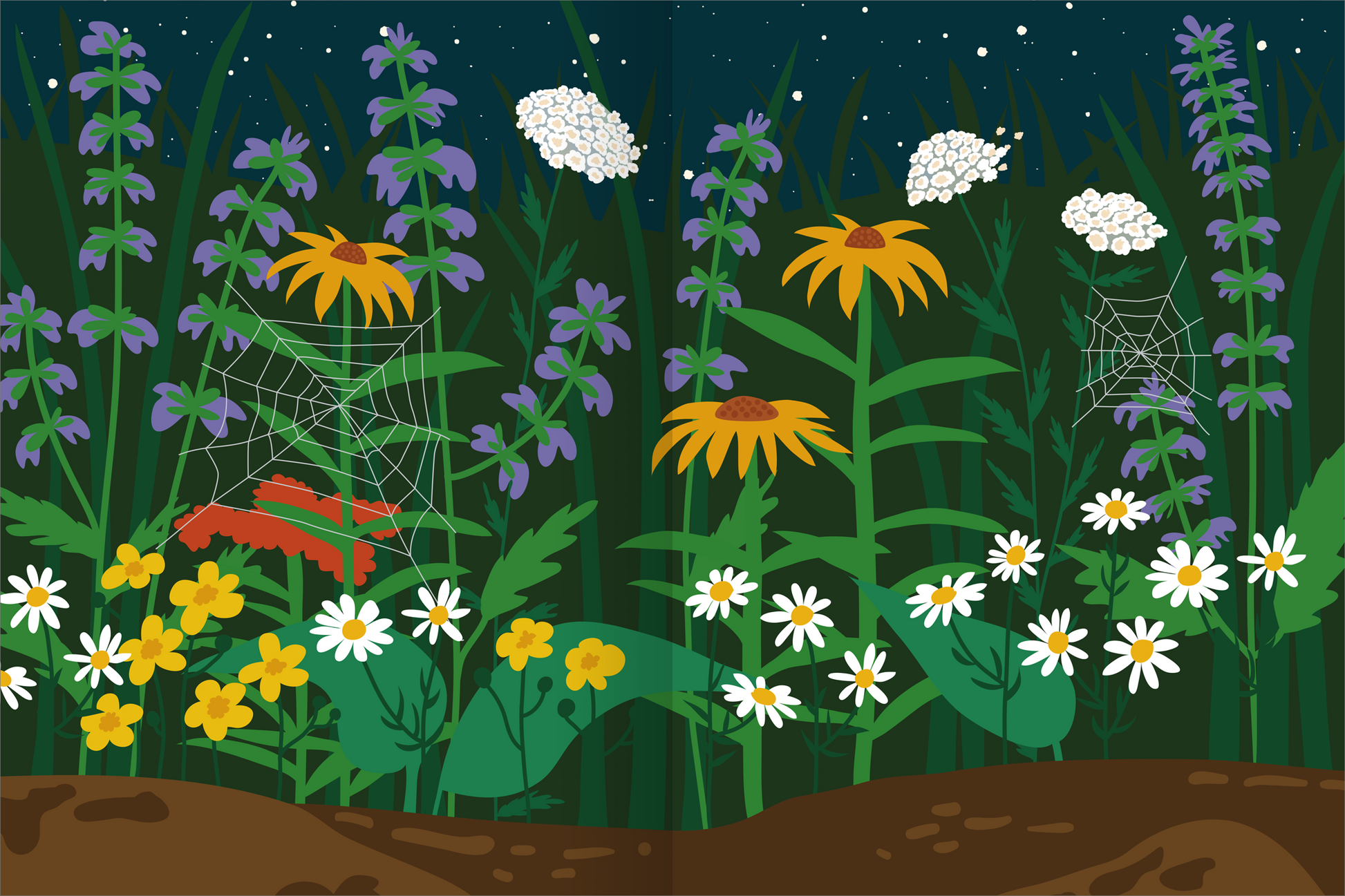 Gezeigt wird eine Innen- oder Zusatzansicht von „Das superdicke Stickerheft – Tiere“. Die Illustration zeigt eine farbenfrohe Wildblumenwiese bei Nacht, dominiert von leuchtenden Gelb- und Violetttönen. Es sind verschiedene Blumen wie Gänseblümchen und Sonnenblumen zu sehen, ergänzt durch Spinnweben. Der Hintergrund ist tiefblau mit einem Hauch von Sternen, was eine stimmungsvolle Atmosphäre schafft. Die Typografie ist verspielt und kindgerecht, passend zum Zielpublikum.