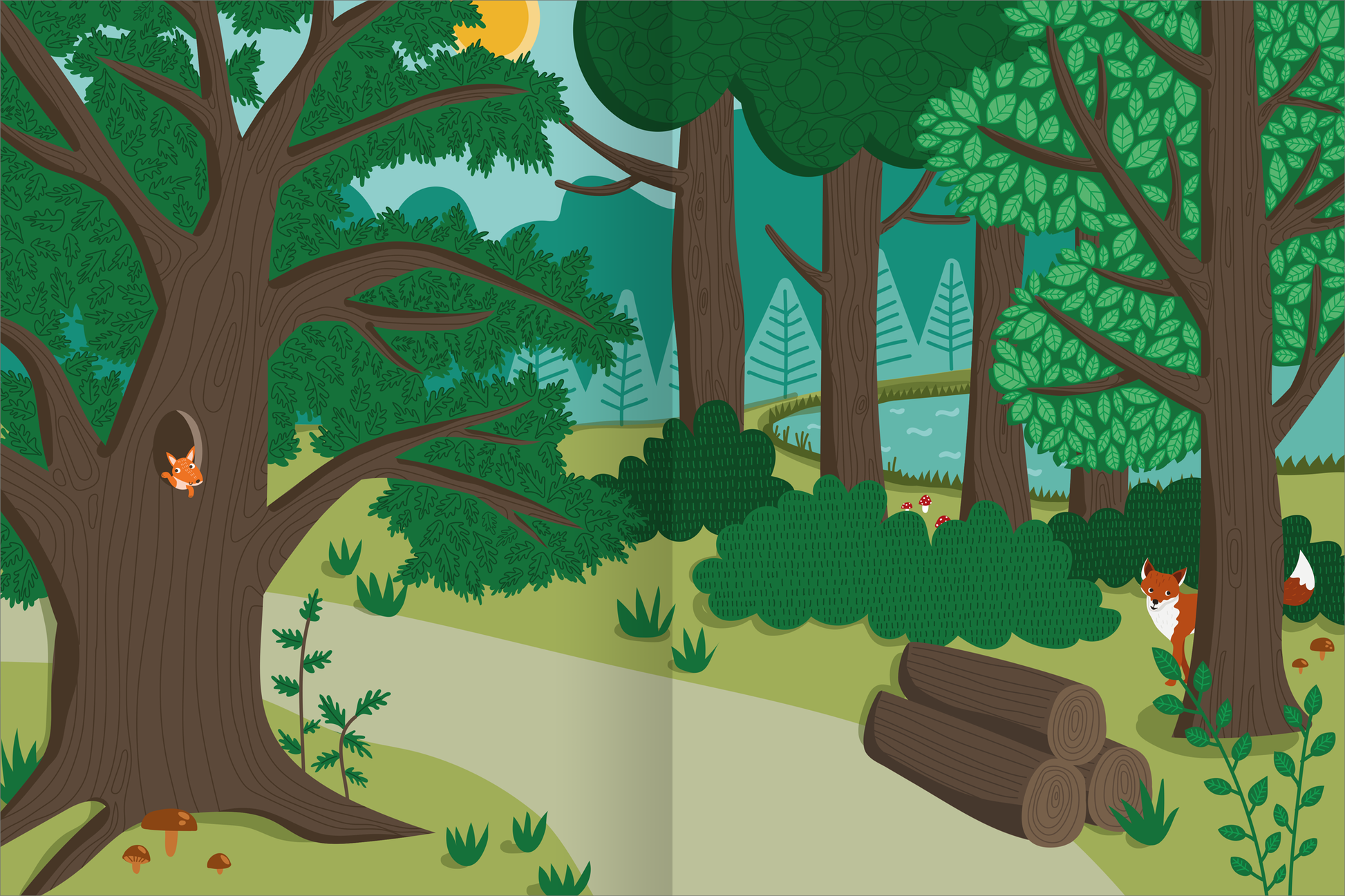 Gezeigt wird eine Innen- oder Zusatzansicht von „Das superdicke Stickerheft – Tiere“. Die Illustration zeigt eine farbenfrohe Waldlandschaft mit großen, grünen Bäumen und lebhaften Details. Im Vordergrund sind ein Baum mit einem Fuchsnest, mehrere Fuchsfiguren und Baumstämme zu sehen. Die Farbpalette umfasst sanfte Grüntöne, Erdtöne und einen hellen blauen Himmel. Die Typografie ist kinderfreundlich, klar und gut lesbar, um die Ansprache an junge Leser zu unterstützen.