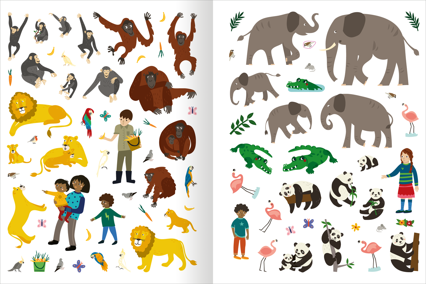 Gezeigt wird eine Innen- oder Zusatzansicht von „Das superdicke Stickerheft – Tiere“. Auf der linken Seite sind bunte Tiere wie Löwen, Affen und Papageien abgebildet, umgeben von Kindern, die mit ihnen interagieren. Die rechte Seite zeigt weitere Tiermotive, darunter Elefanten, Krokodile und Pandas, ebenfalls in lebendigen Farben. Die Illustrationen sind klar und freundlich, die Typografie ist kindgerecht und verspielt gestaltet, was die Anziehungskraft für junge Leser erhöht.