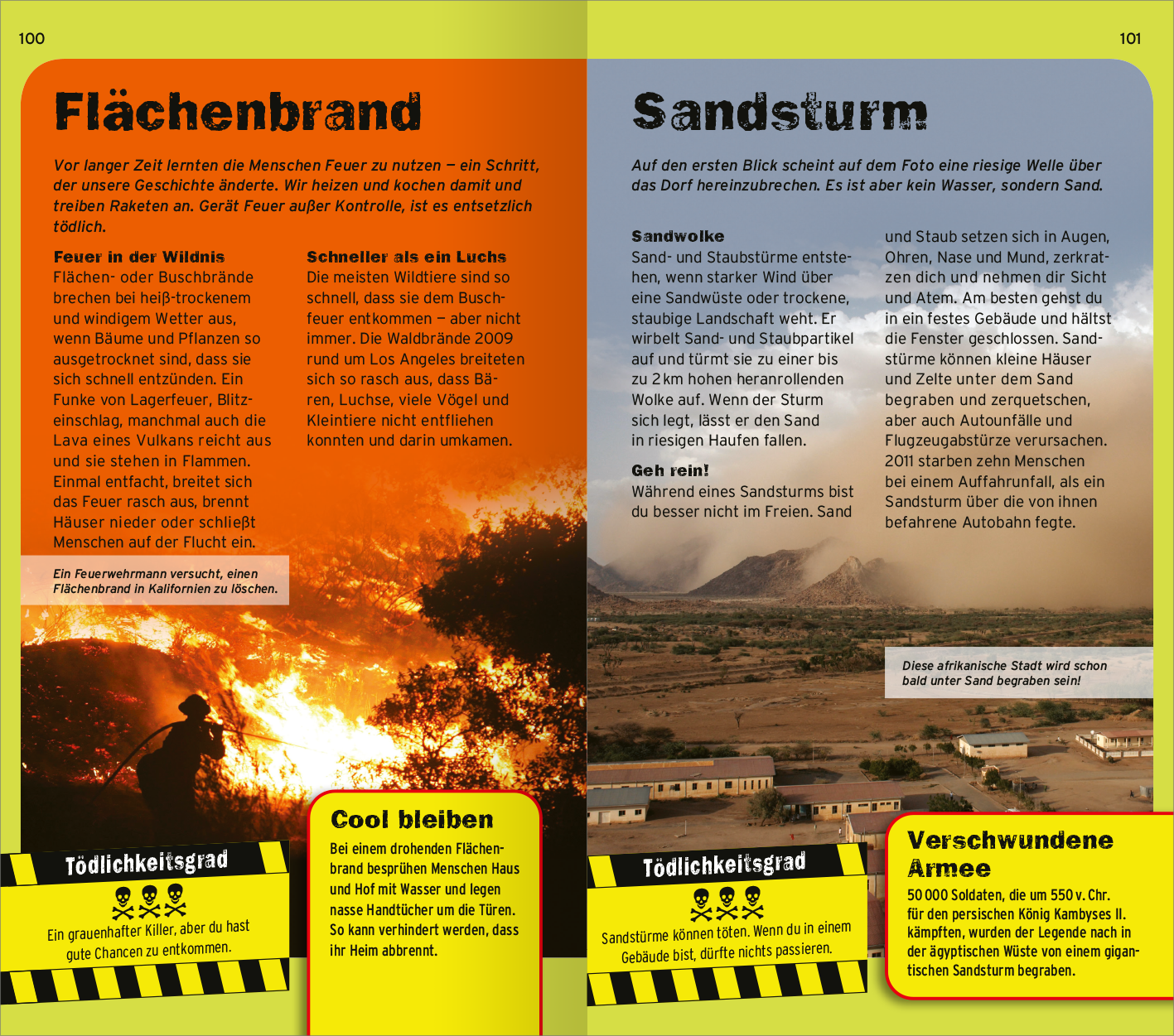 Gezeigt wird eine Innen- oder Zusatzansicht von „Die 100 tödlichsten Dinge der Welt“. Die Doppelseite präsentiert zwei zentrale Szenarien: links der Flächenbrand, dargestellt in leuchtendem Orange mit eindrucksvollem Feuerbild, rechts der Sandsturm in sanften Blautönen. Die klare Typografie ist in großen, gut lesbaren Schriftarten gehalten und bietet Informationen zu den jeweiligen Gefahren. Grafische Elemente wie Warnzeichen unterstützen die Lesbarkeit und verdeutlichen das Thema der...