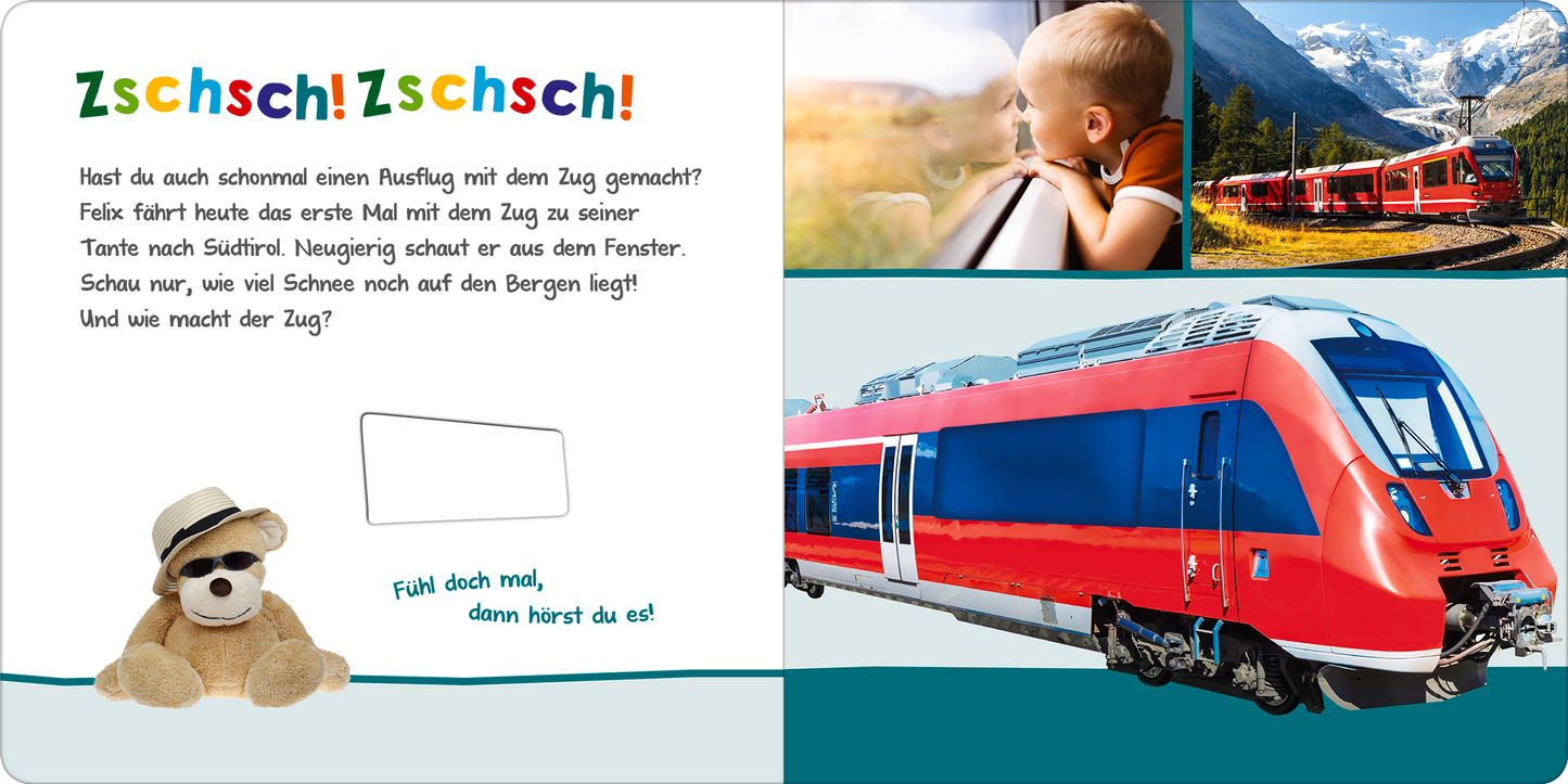 Gezeigt wird eine Innen- oder Zusatzansicht von „Hör mal rein, wer kann das sein? – Unterwegs“. Die Seite ist hell und freundlich gestaltet, mit großen, bunten Schriftzügen wie „Zschsch! Zschsch!“ in leuchtendem Rot und Gelb. Auf der linken Seite sind Bildschriften in handschriftlicher Typografie zu finden, zusammen mit einem niedlichen Teddybären, der einen Sonnenhut trägt. Die rechte Seite zeigt eine detailreiche Abbildung eines roten Zuges sowie eine Berglandschaft, die...