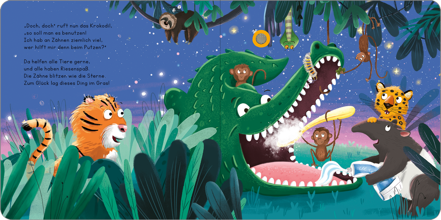 Gezeigt wird eine Innen- oder Zusatzansicht von „Zahnputzparty im Dschungel“. Die bunten Illustrationen zeigen einen lächelnden Krokodil, das den Zahnputzprozess erklärt, umgeben von verschiedenen Tieren im Dschungel wie einem Tiger, einer Schildkröte und Affen. Die Farben sind lebhaft, mit vielen Grüntönen für die Pflanzen und einem nächtlichen Himmel in Blau und Lila. Die freundliche, verspielte Typografie zieht die Aufmerksamkeit auf den Text.